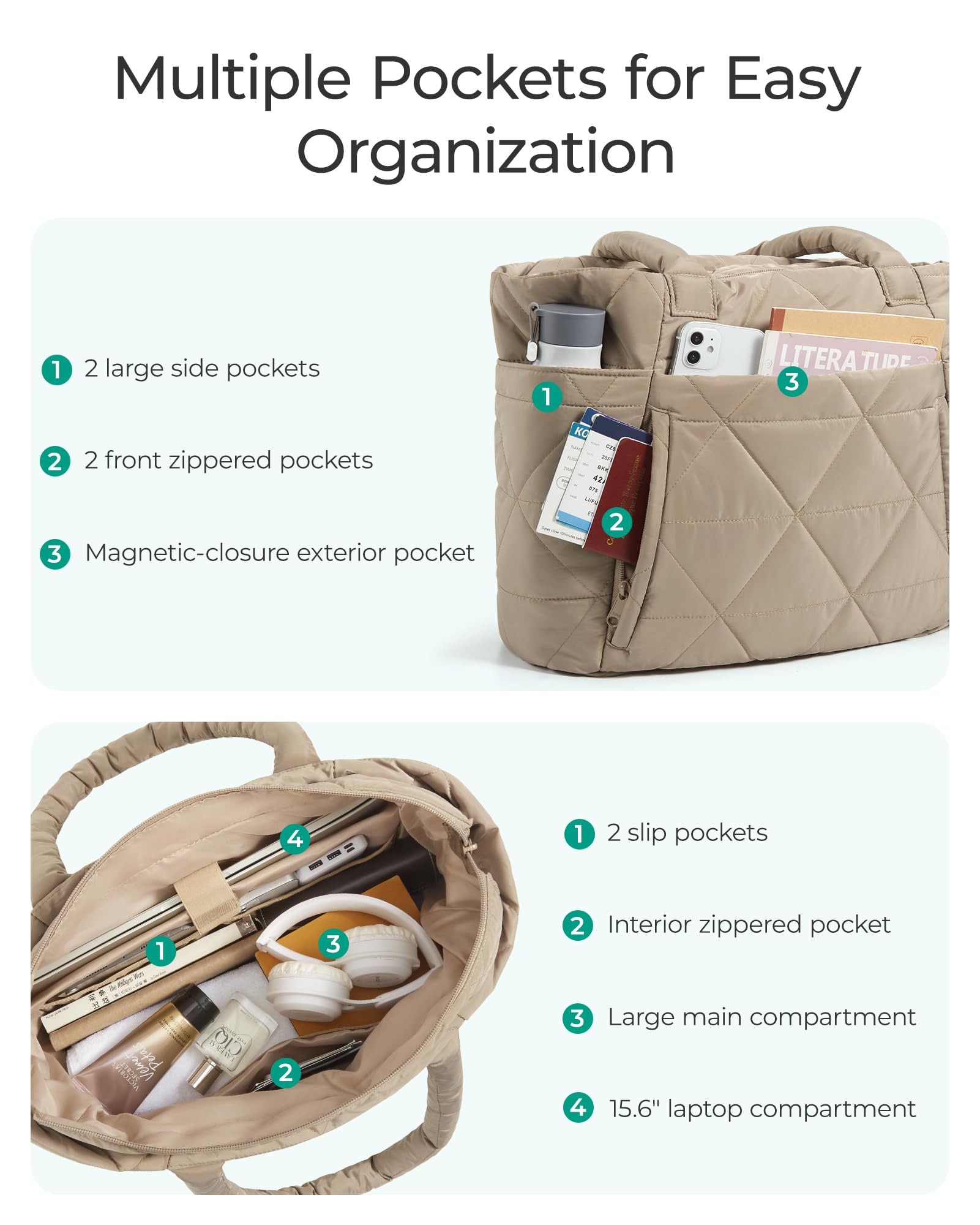 bagsmart Handtasche Damen Shopper Tasche, Puffer Tote Bag Arbeitstasche 15,6 Zoll Laptoptasche Lehrertasche mit Reißverschluss, Leichte taschen für Reisen, Arbeit, Schule und Strandurlaub