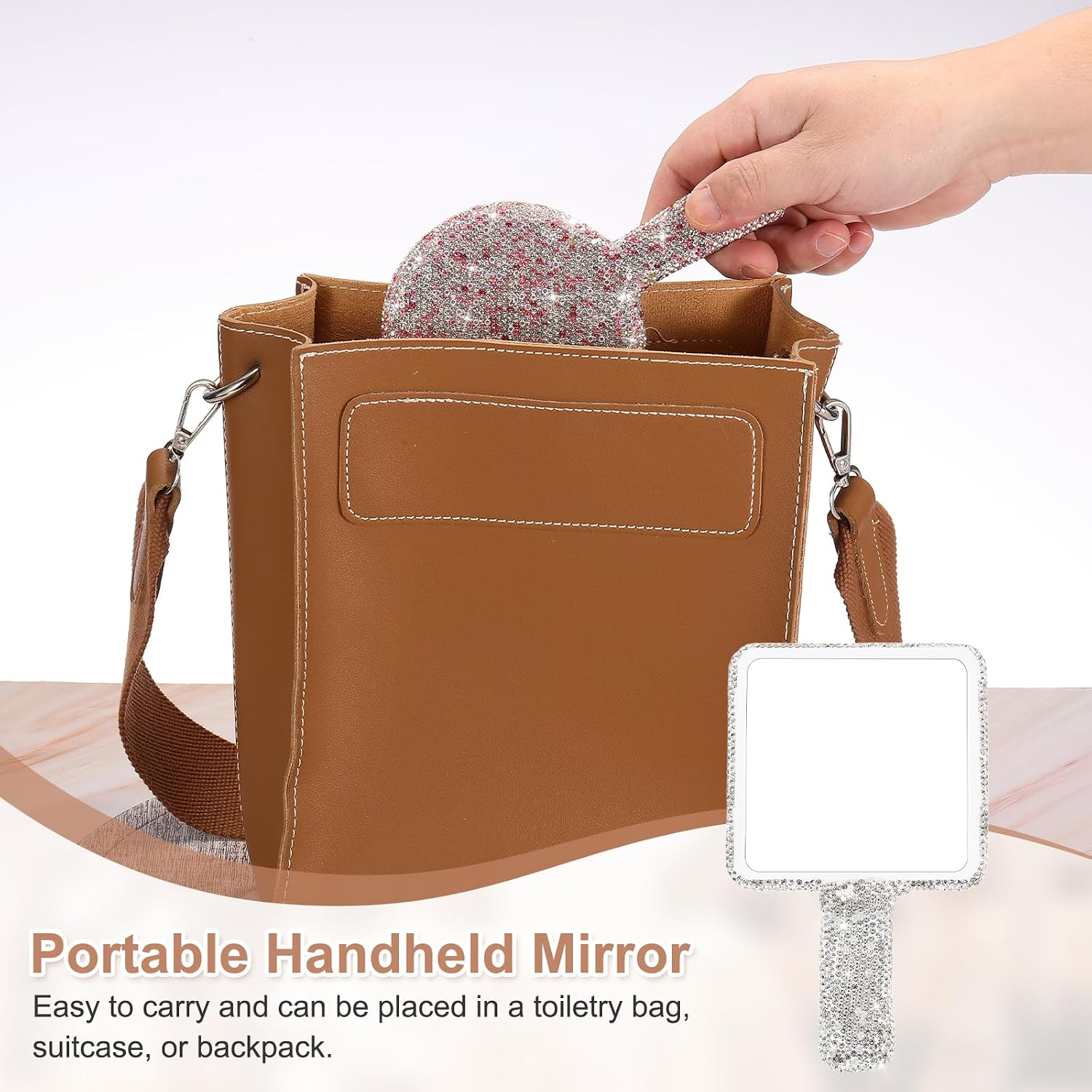 uxcell Rhinestone Hand Mirror, Bling Handheld Mirrors with Handle, ABS Makeup Mirror for Women Travel, Wedding, Daily Use (White, Square Shape) image 4
