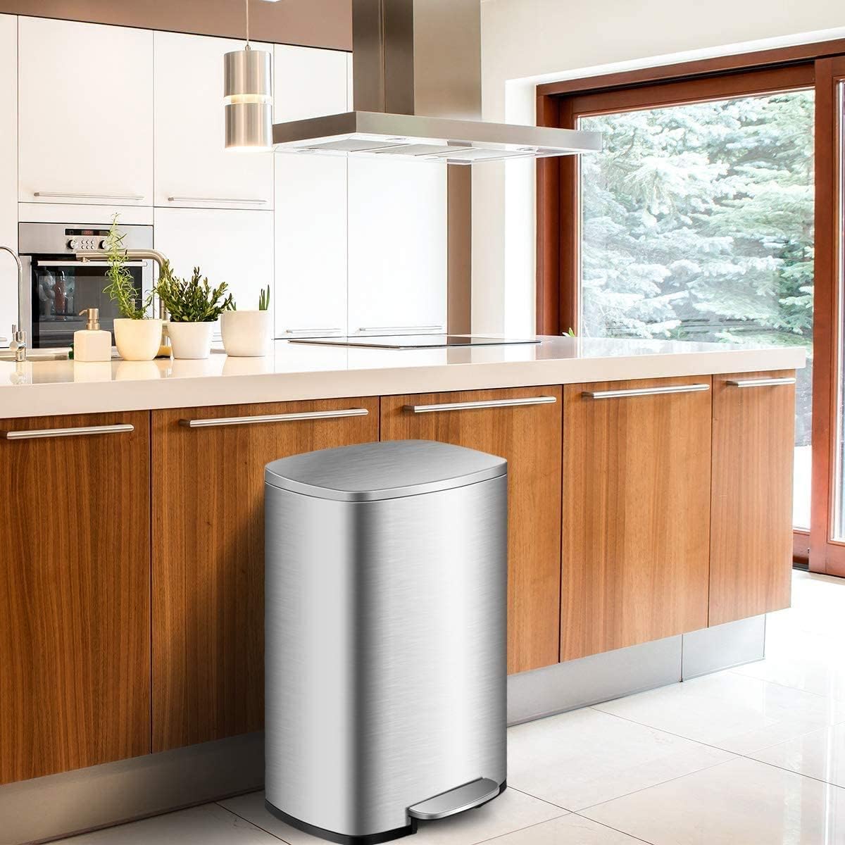 50 Liter / 13.2 Gallon Step Trash Can, Stainless Steel Trash Can w/Removable Inner Bucket & Hinged Lid, SoftStep Rectangular Trash Can Garbage Bin for Kitchen Office Home Use (Silver)