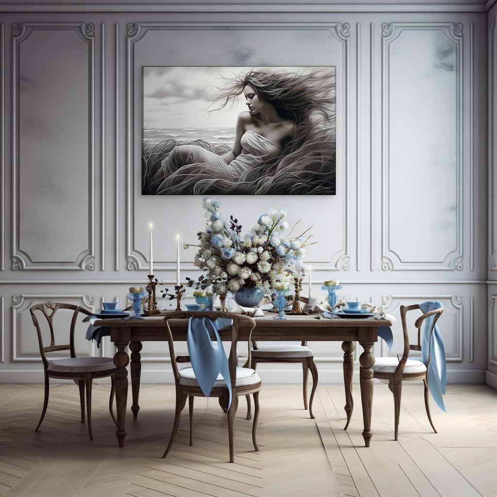 Canvas for Living room. Whispers of the Wind: Elegance and Freedom on a Windswept Shore, 27 x 18 inch Canvas Wall Art - Contemporary Masterpieces - Modern Home Decor
