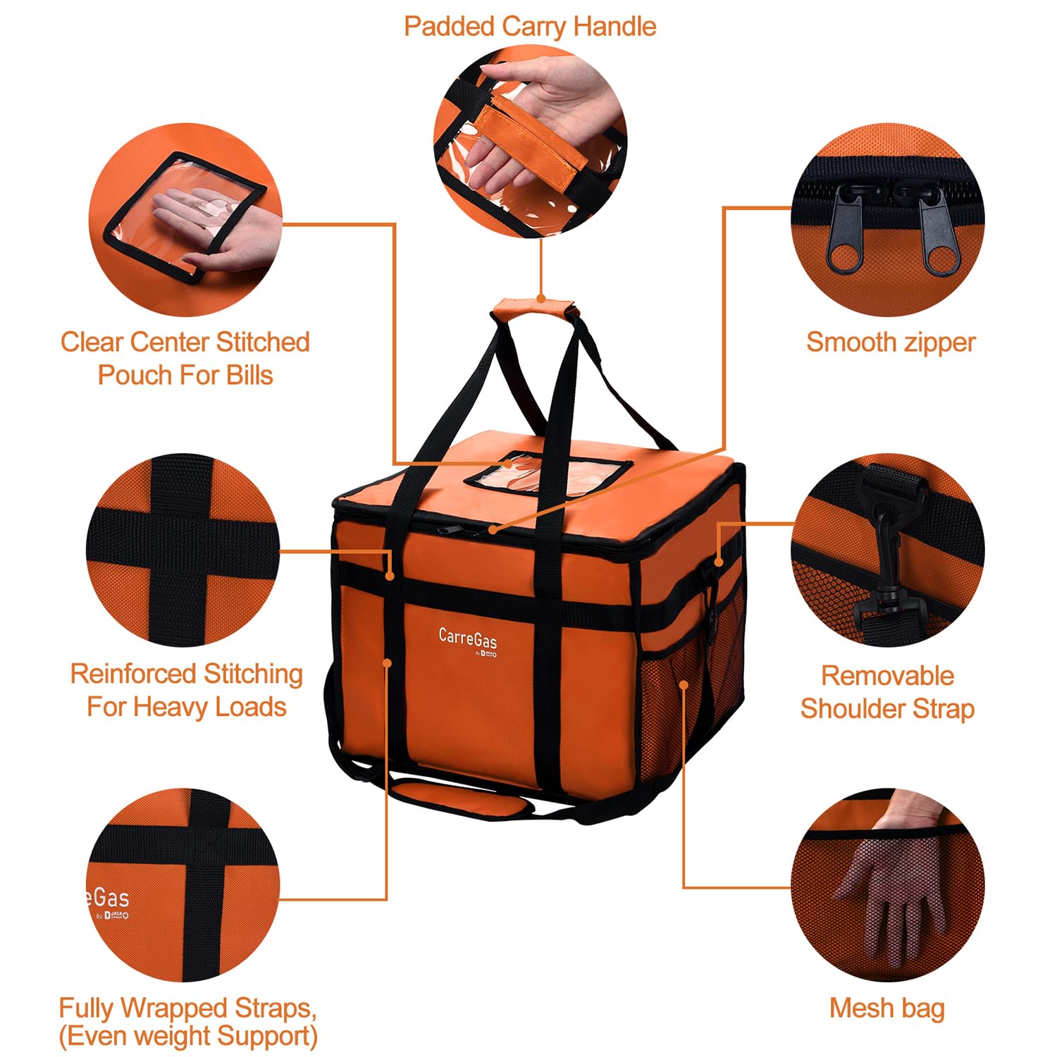 Isoliertasche für heiße Lebensmittel, 53 x 30 x 28 cm, für kalte und warme Speisen, Pizza, Restaurant, Uber Eats Liefertasche, Picknick, Lebensmitteleinkaufstasche, Orange, 38 x 38 x 32 cm
