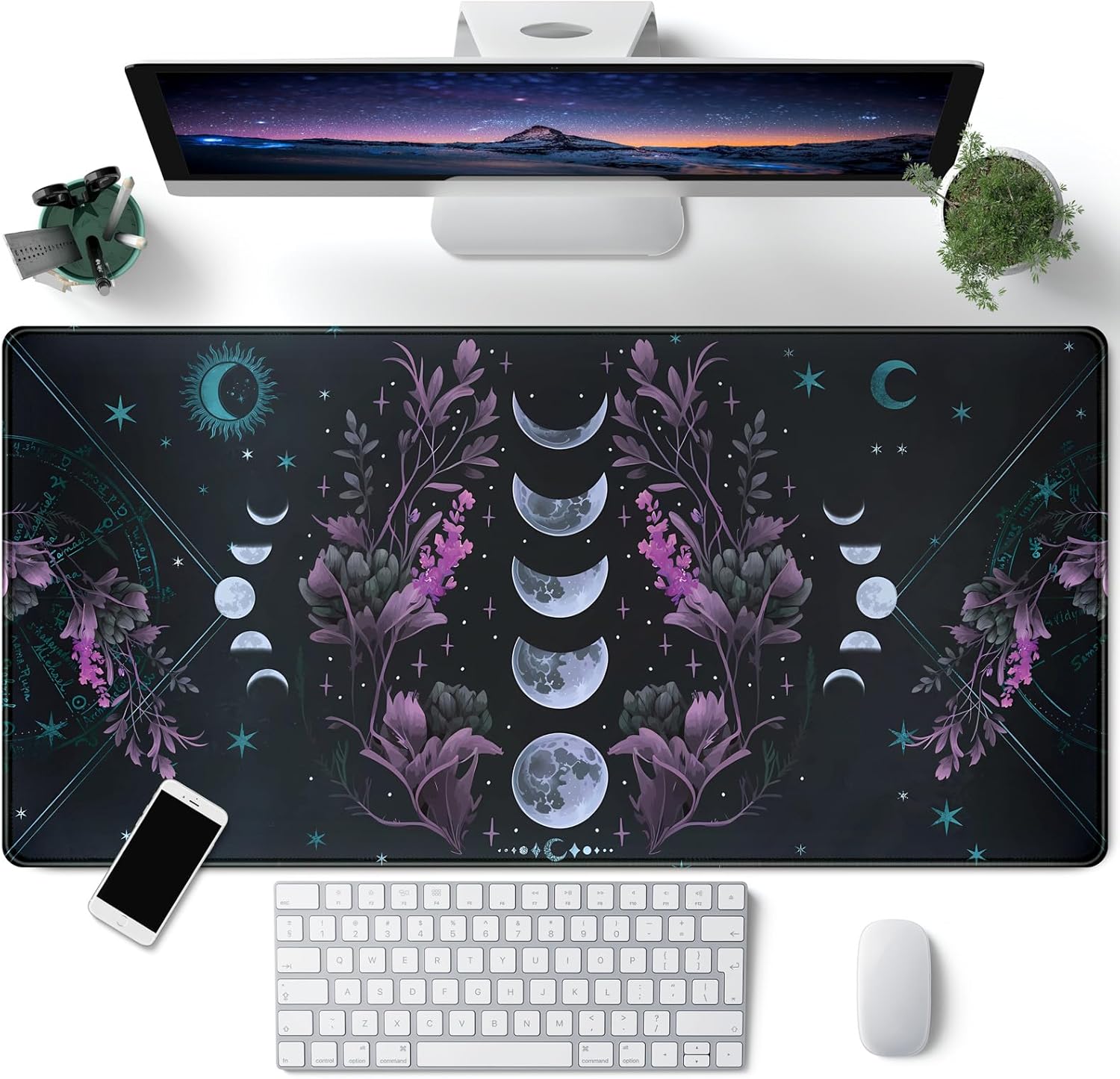 Celestial Moon Phases Mouse Pad Large Purple Desk Mat Forest Extended Gaming Mousepad Violet Teal Desk Pad XXL 31.5 x 15.7 in Laptop Computer Mouse Keyboard Mat for Office Desk Decor
