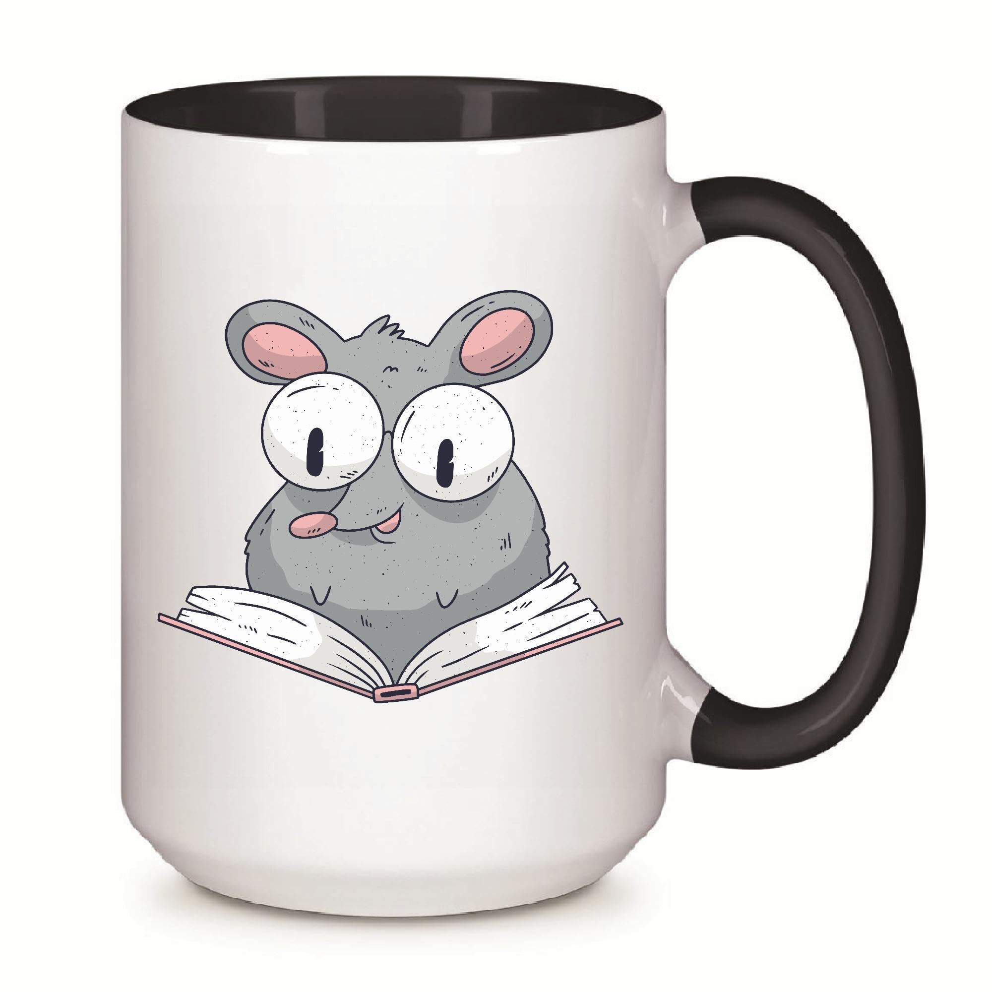 Gift for Book Lovers Reading Rat Illustration Rodent Design 11oz 15oz Inner Color Accent Mug