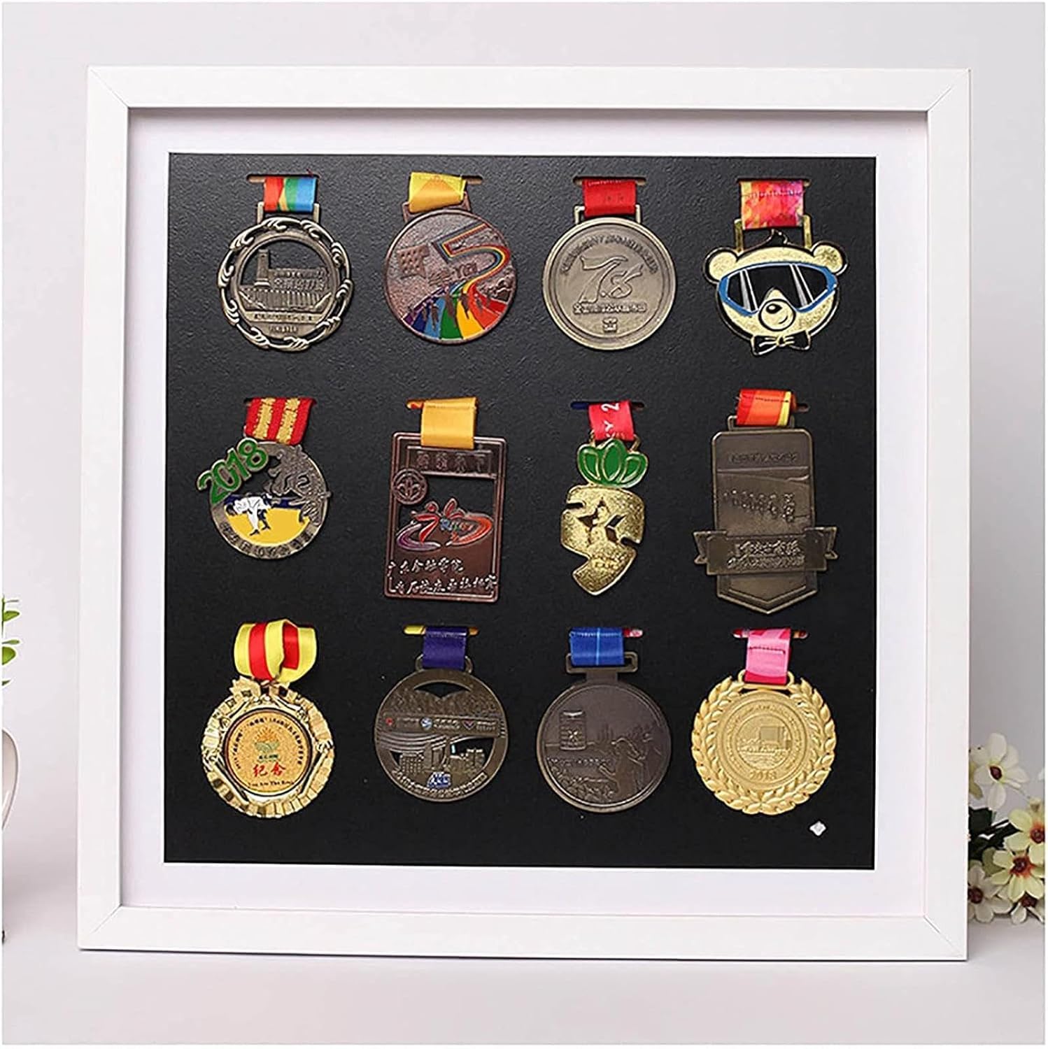 AHIOJEGX Photo Frame Medals Display Frame,Wall-mounted Medal Display Frame,3D Deep Box Picture Frame For Marathon Medal Storage Box-Black||square 16 inches (12 pieces)
