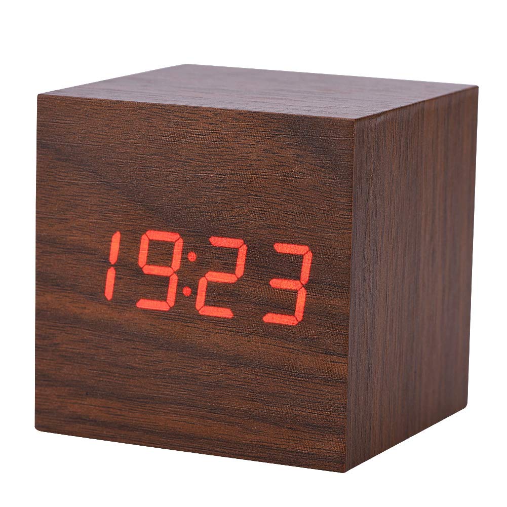 Sharainn Brown Wooden Alarm Clock, 6X6x6cm 12-Hour Or 24-Hour Mode Digital Alarm Clock With Led Display Desk Clock Voice Control For Bedroom Office (Brown)
