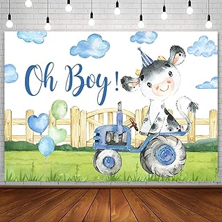 Sendy 7x5ft Holy Cow Baby Shower Backdrop for Boy Oh Baby Farm Theme Party Decorations Supplies Green Grass Blue Tractor Clouds Photography Background Newborn Banner Photo Booth Studio Props Vinyl