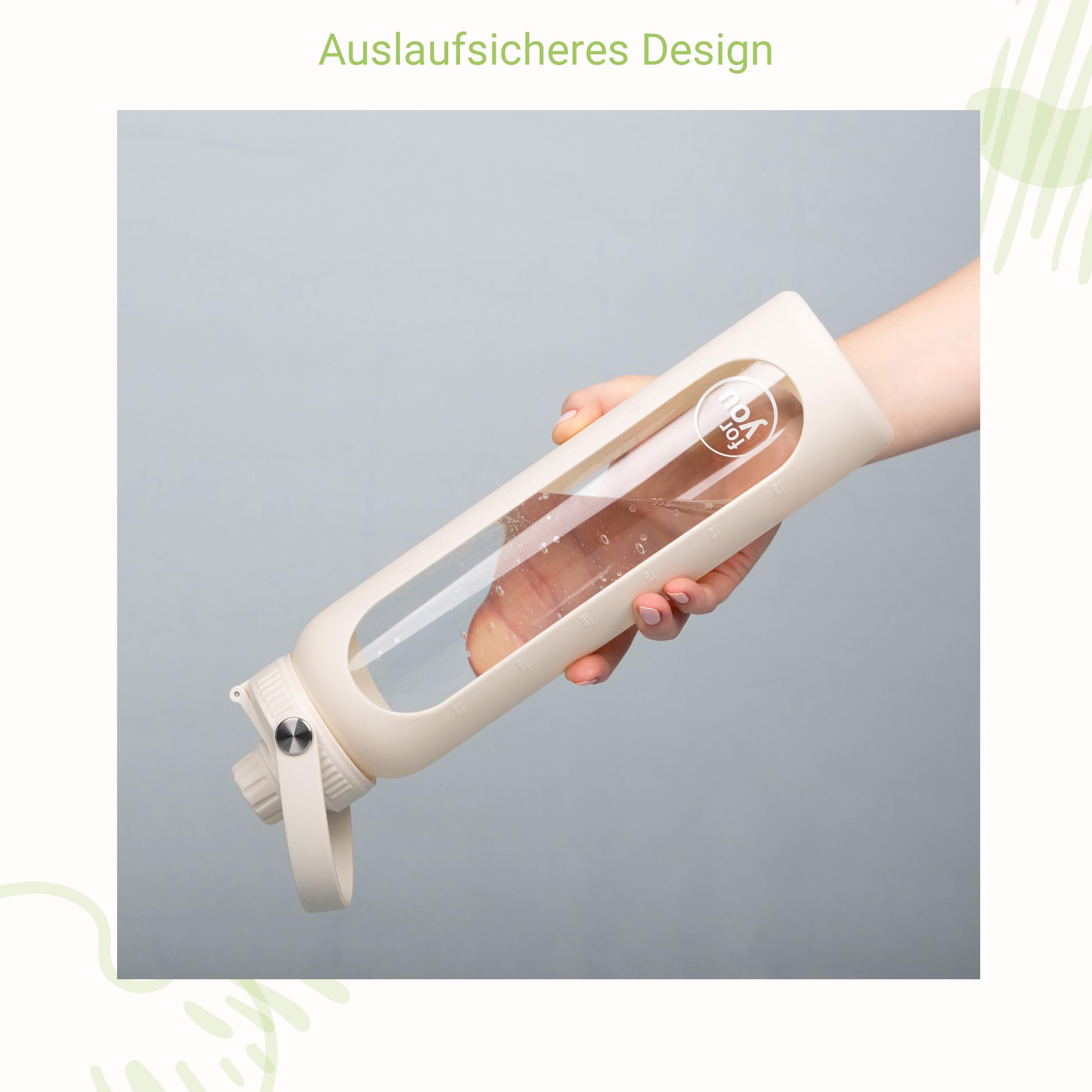 for you Hydroline Glas-Trinkflasche light beige Dreierpack 1000 ml - Deckel mit Doppel-Öffnung - aus Glas mit Silikonhülle & Zeitmarkierung - Spülmaschinenfest & BPA-frei - geeignet von -20°C – 150°C