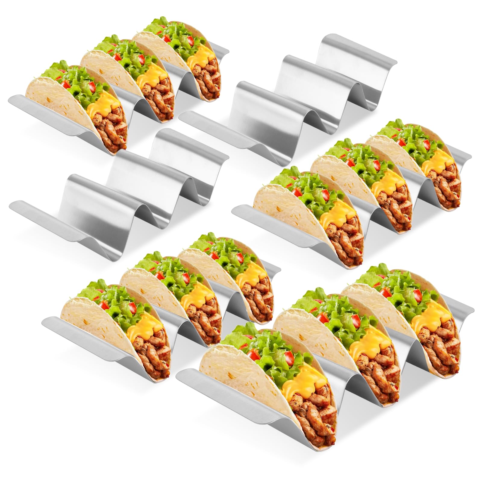 AKOLAFE 6 Stück Taco Halter Edelstahl 25x10x4.5cm Tacohalter Taco Holder mit Griffen Hot Dog Halter Ständer U-förmiges Taco Rack Dino für Tacos, Sandwiches, Brot, Hot Dogs und Waffeln