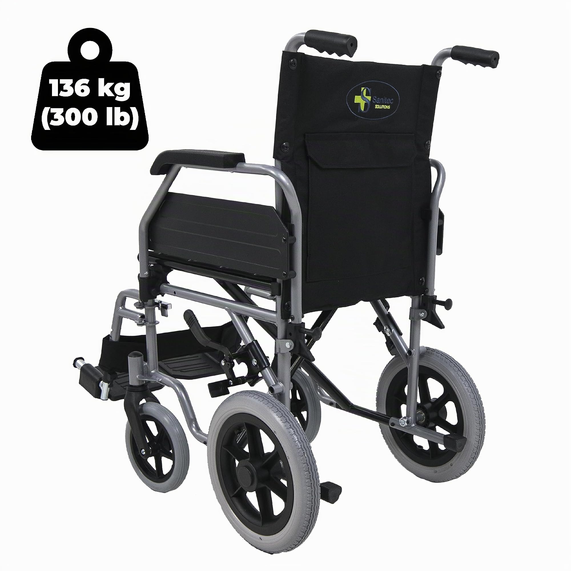 SANITEC - Silla de Ruedas de Acero Ligero para Minusválidos, Plegable, Resistente 136 Kg, Freno manual, Reposapiés y Reposabrazos abatibles y extraíbles. Ortopedia y Ayudas Técnicas