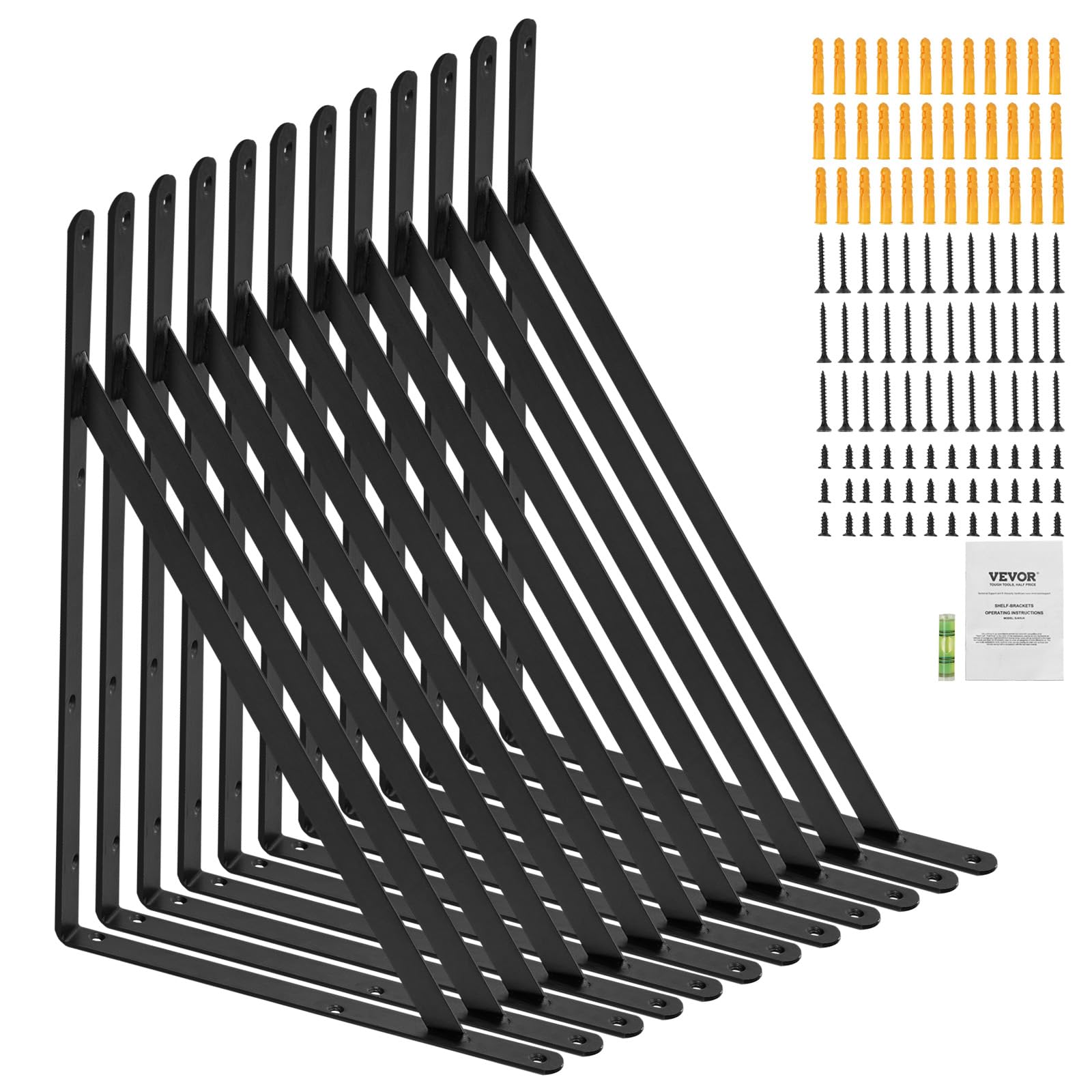 VEVOR Supports d'étagères, 460 x 305 mm, équerre d'étagère flottante robuste,​12 pièces, support pour étagère triangulaire noir mat de 3 mm d'épaisseur, en acier avec une capacité de charge de 72,​6 kg