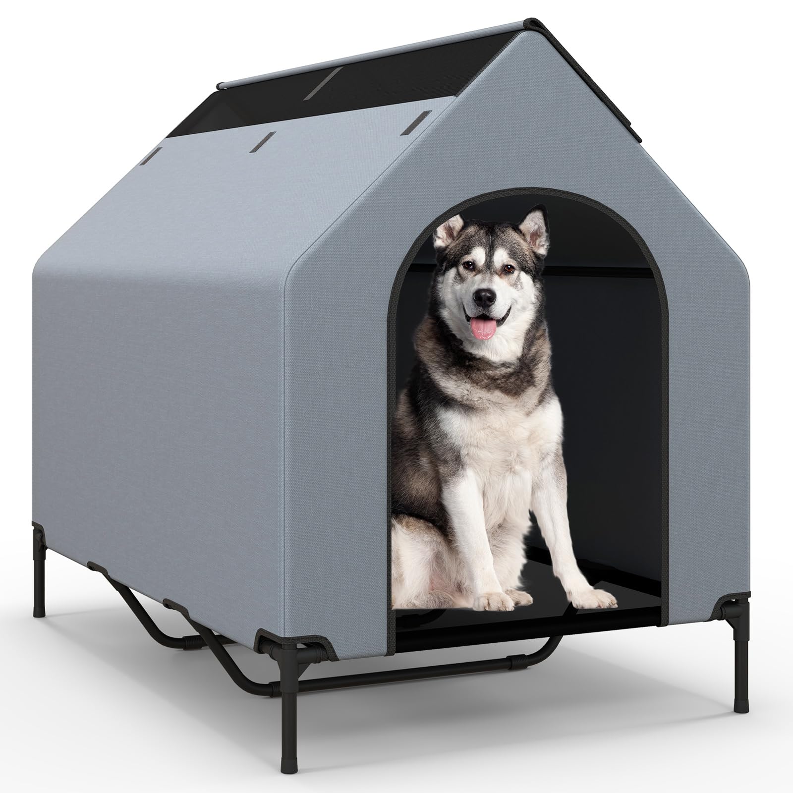 COSTWAY 2 in 1 Hundehütte & erhöhtes Hundebett, Hundeliege Outdoor, Haustierhaus mit atmungsaktivem Netzgewebe & Abnehmbarer Abdeckung, Hundehaus für große Hunde, Oxford, Grau (84 x 132 x 114 cm)