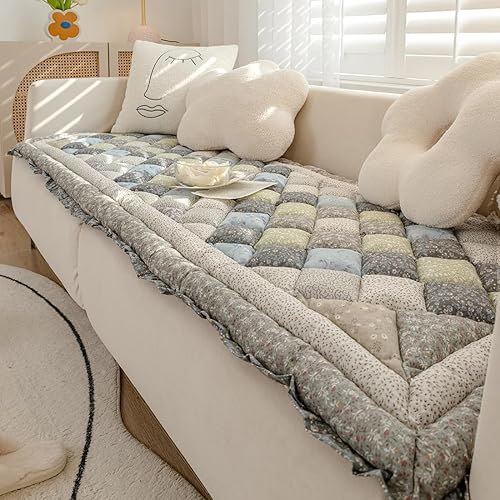 Miniatura 10 de vctops Funda de sofá gruesa acolchada de algodón, estilo bohemio, hecha a mano, con estampado floral, tapete antideslizante y suave para sofá (café,
