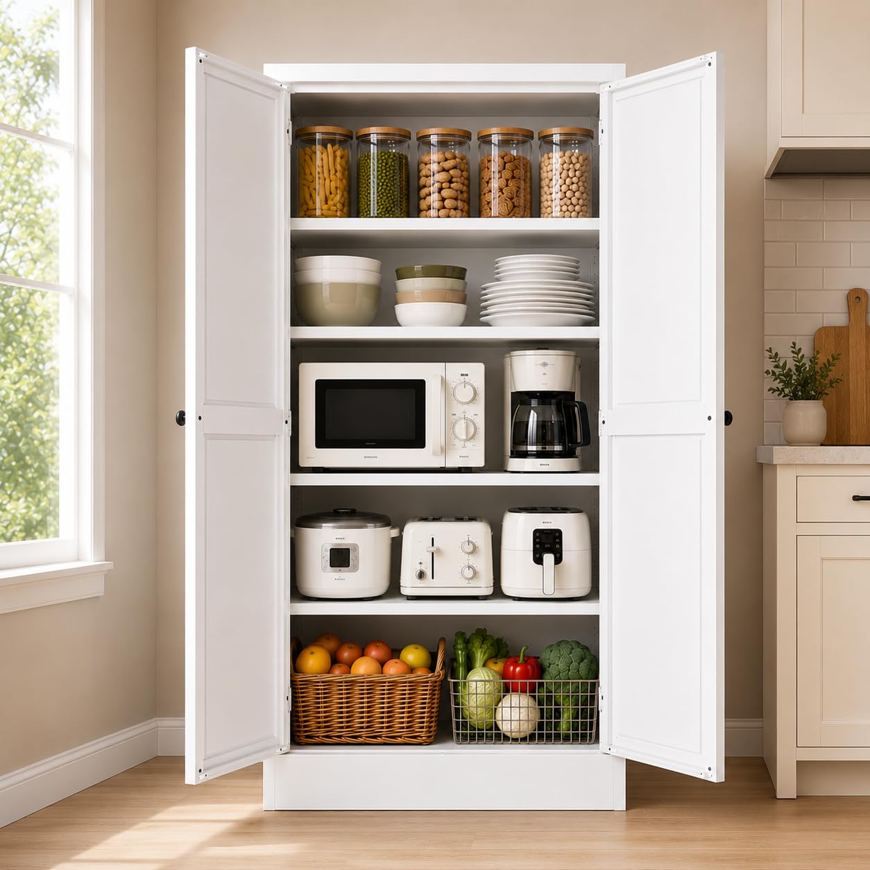 AQY Kitchen Pantry Cabinet in White with 4 shelves