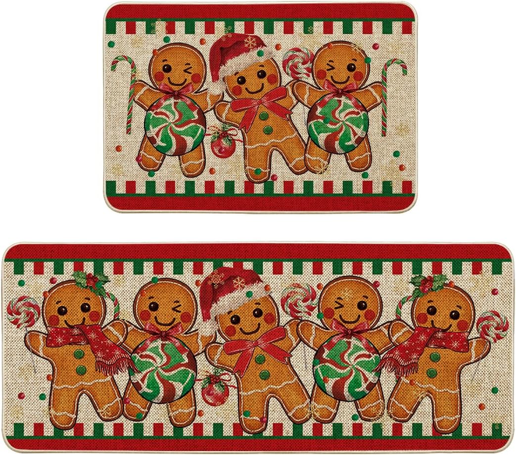 Artoid Mode Gingerbread Candy Cane Christmas Kitchen Mats Set of 2, Winter Home Decor Low-Profile Kitchen Rugs for Floor - 24x35 and 24x59 Inch