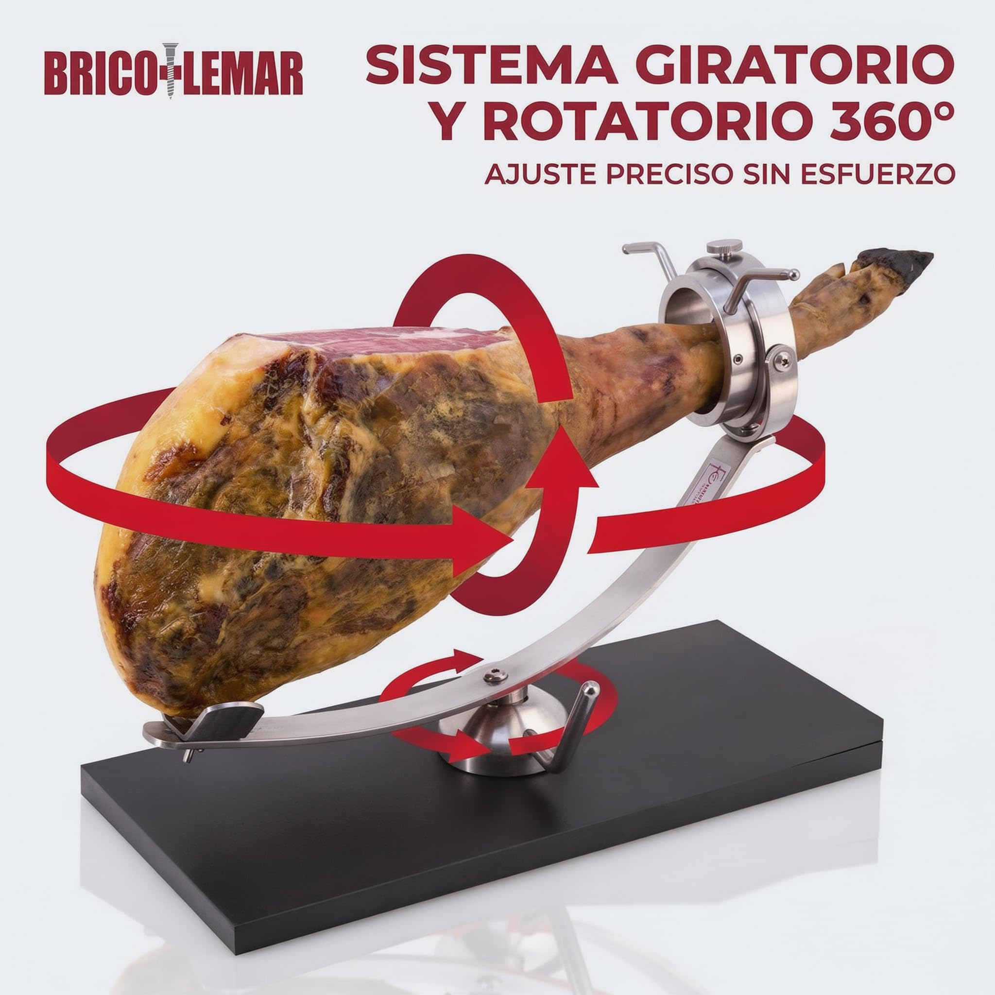 Jamonero Profesional Giratorio 360° Flores Cortés Don Benito – Base Fibra Negra 25mm, Acero Inoxidable, Fabricado en España, Estable y Preciso