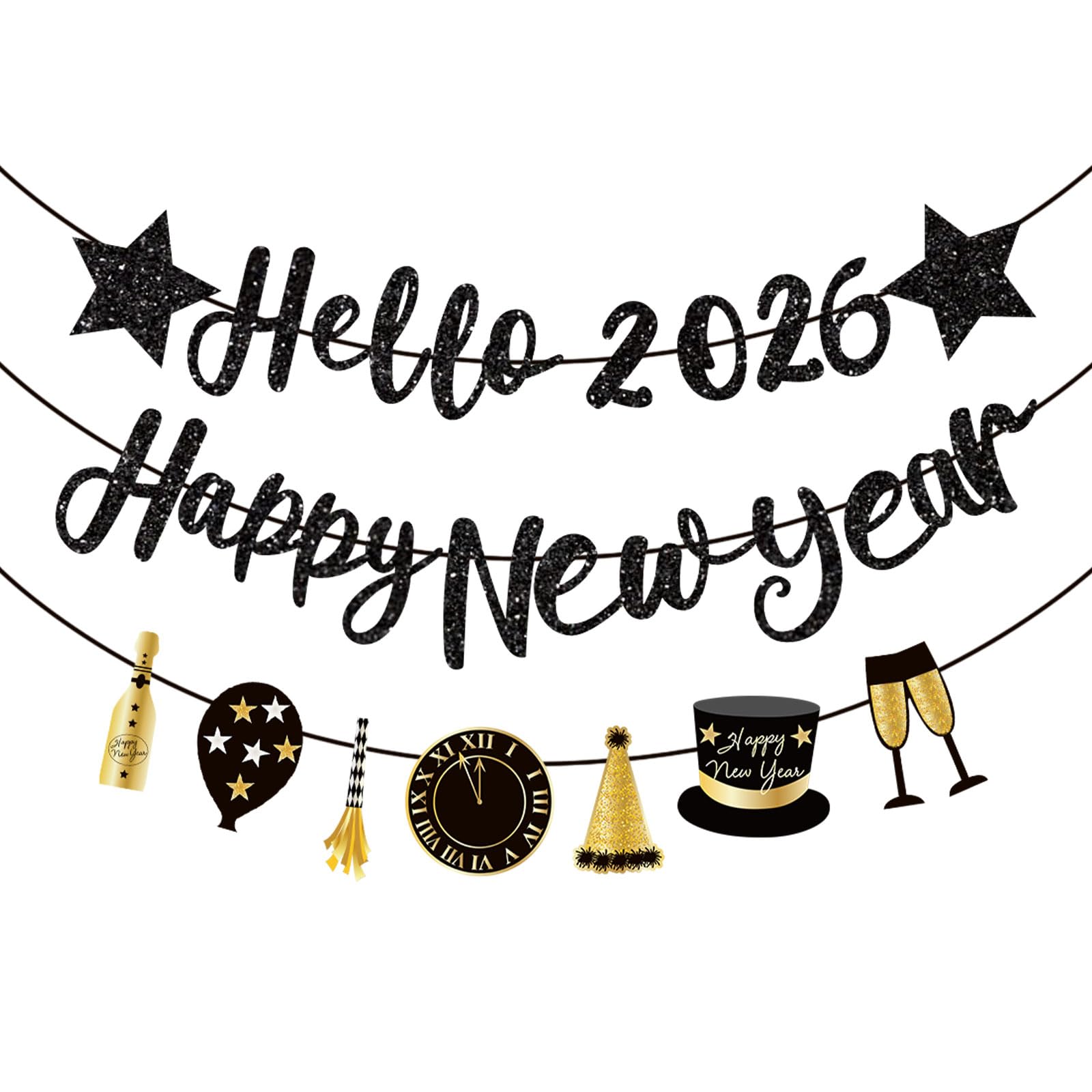Happy New Year Banner for New Years Eve Decorations 2026,Eve Bunting Kit wtih Black & Gold Sign Party Accessories,Nye Banner Hanging with Star Shape for Party Supplies and Photo Booth Props