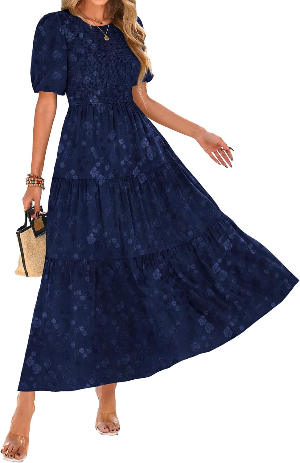 KIRUNDO Womens Summer Dresses Wedding Guest Floral Midi Sundress Short Puff Sleeve Flowy A Line Smocked Tiered Boho Dress