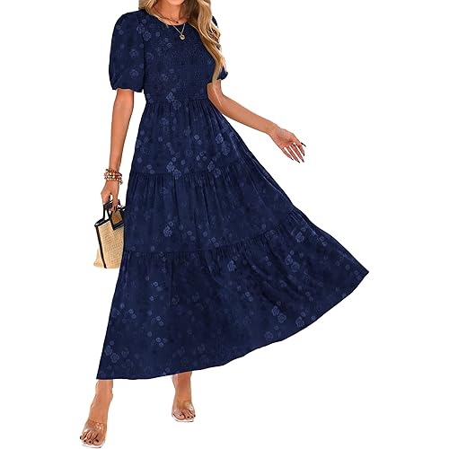 KIRUNDO Womens Summer Dresses Wedding Guest Floral Midi Sundress Short Puff Sleeve Flowy A Line Smocked Tiered Boho Dress