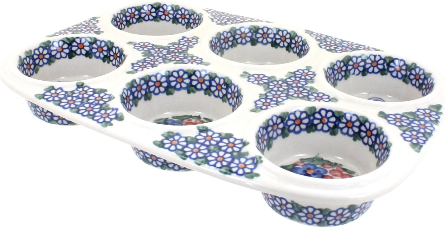 Blue Rose Polish Pottery - Yellow Butterfly Muffin Pan - 12" x 8" - Ceramic Baking Dish, 6-Cup Muffin & Cupcake Pan