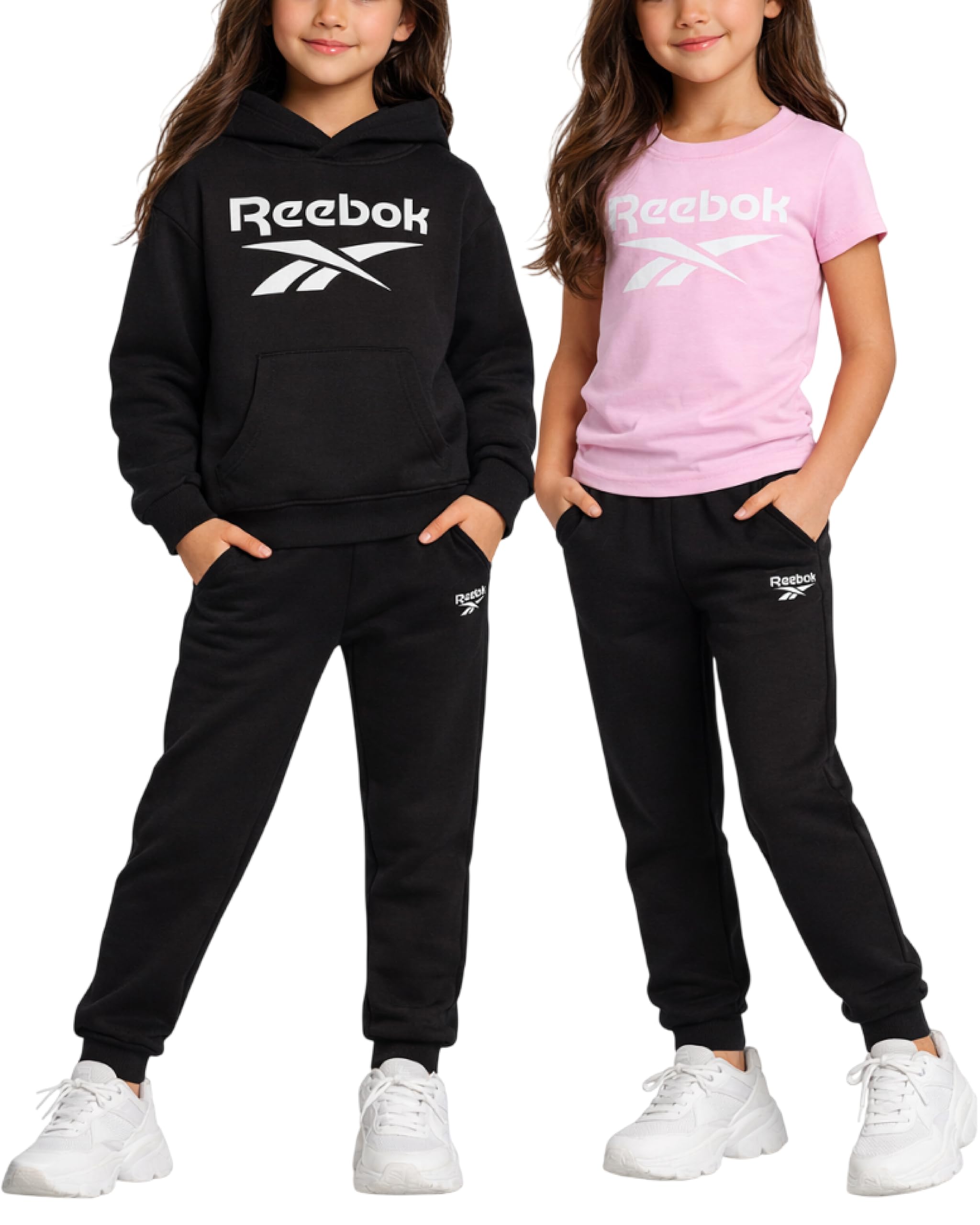 Reebok Girls Pants Set - 3 Piece Soft Fleece Pullover Hoodies Short Sleeve Graphic Tee and Jogger Sweatpants