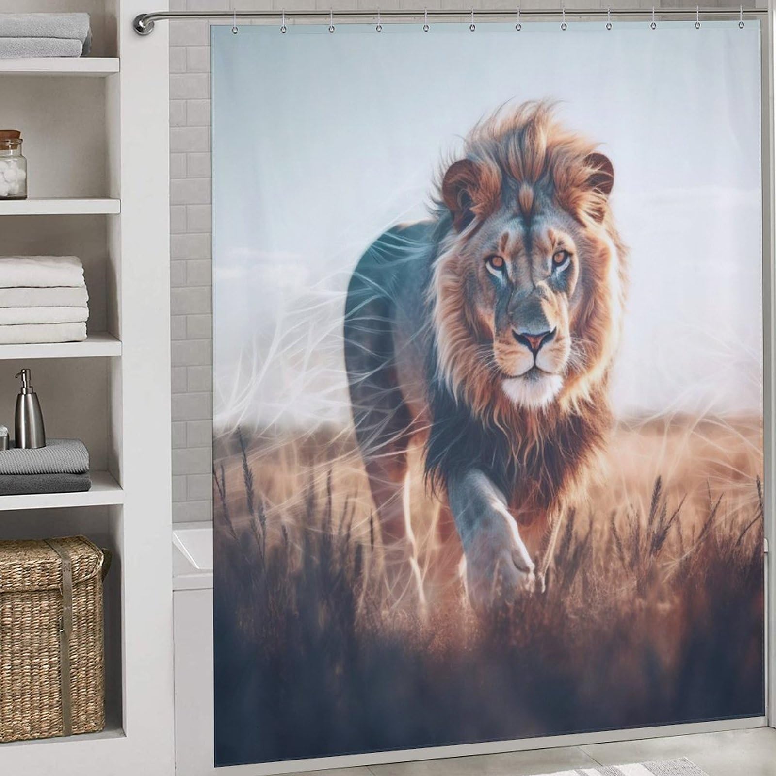 Rideau de douche lion tissu lavable imperméable 183x183cm polyester pour baignoire