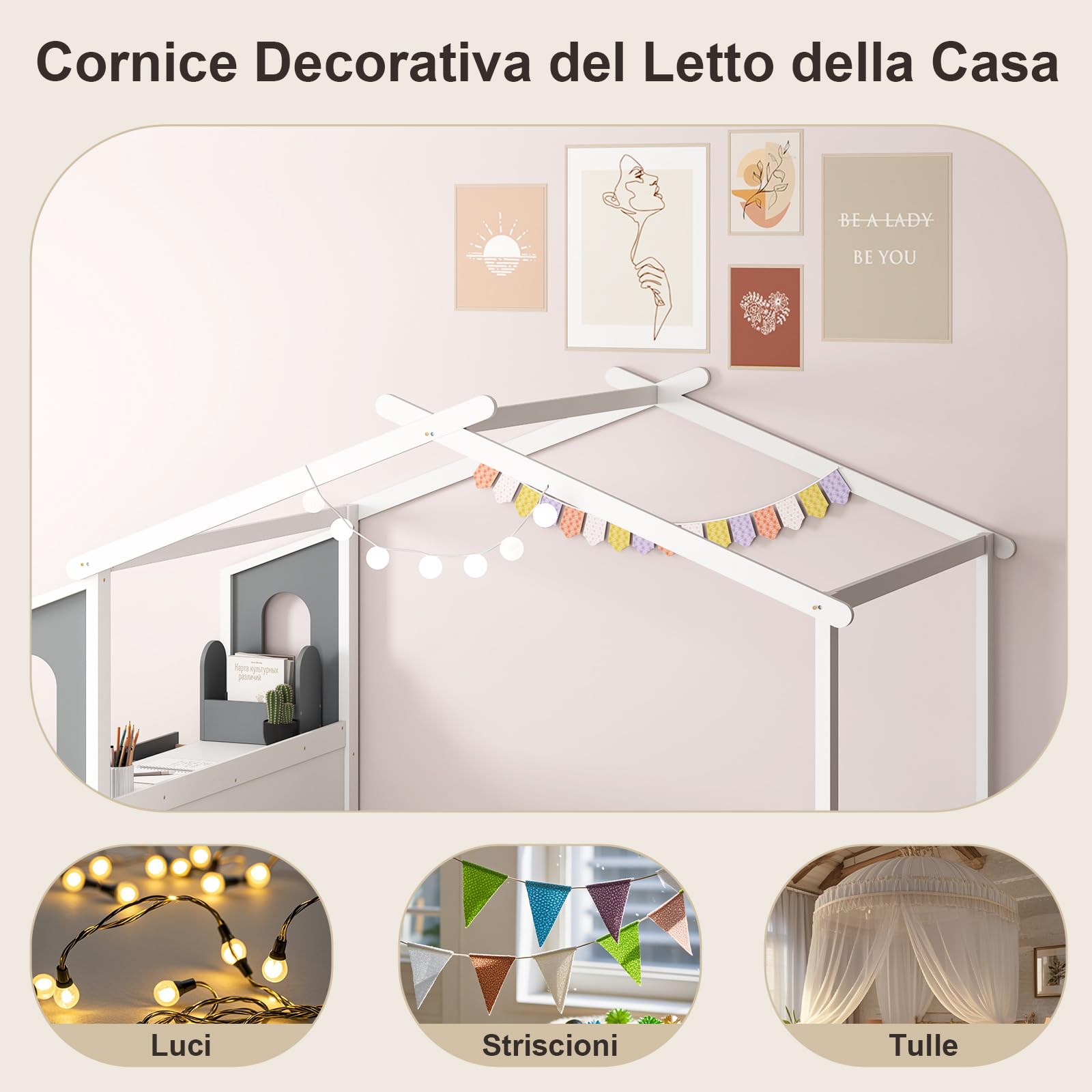 RELAX4LIFE Letto per Bambini in Legno a Forma di Casa con Scrivania Laterale e 2 Cassetti, Lettino a Casetta con Tetto per Ragazzi e Ragazze, Portata 150KG (253x152x193cm)