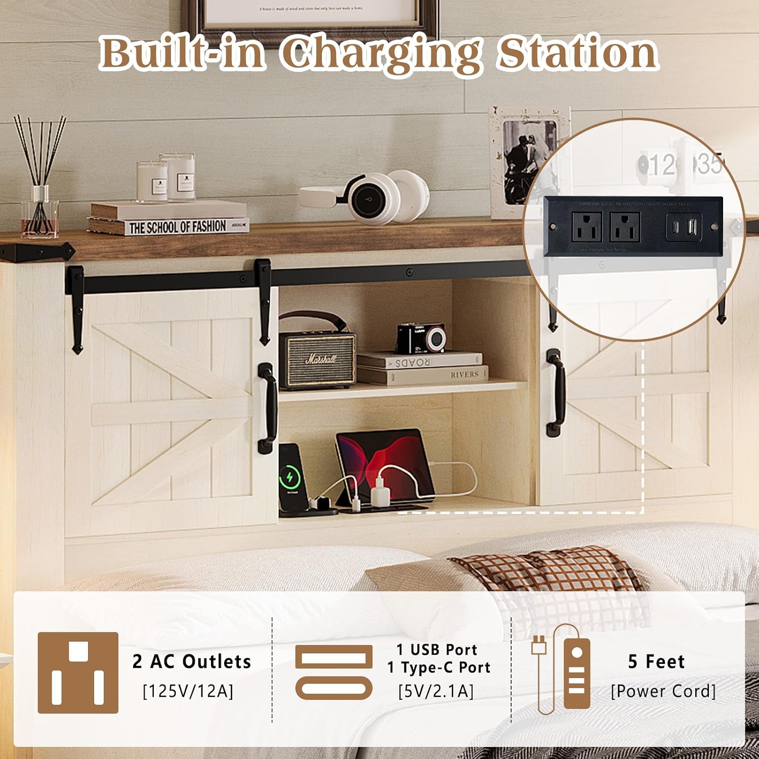 LUXOAK Farmhouse Bed Frame with Sliding Barn Door Storage Headboard, Full Size Bookcase Bed with Charging Station & Adjustable Shelf, No Box Spring Needed, Antique White