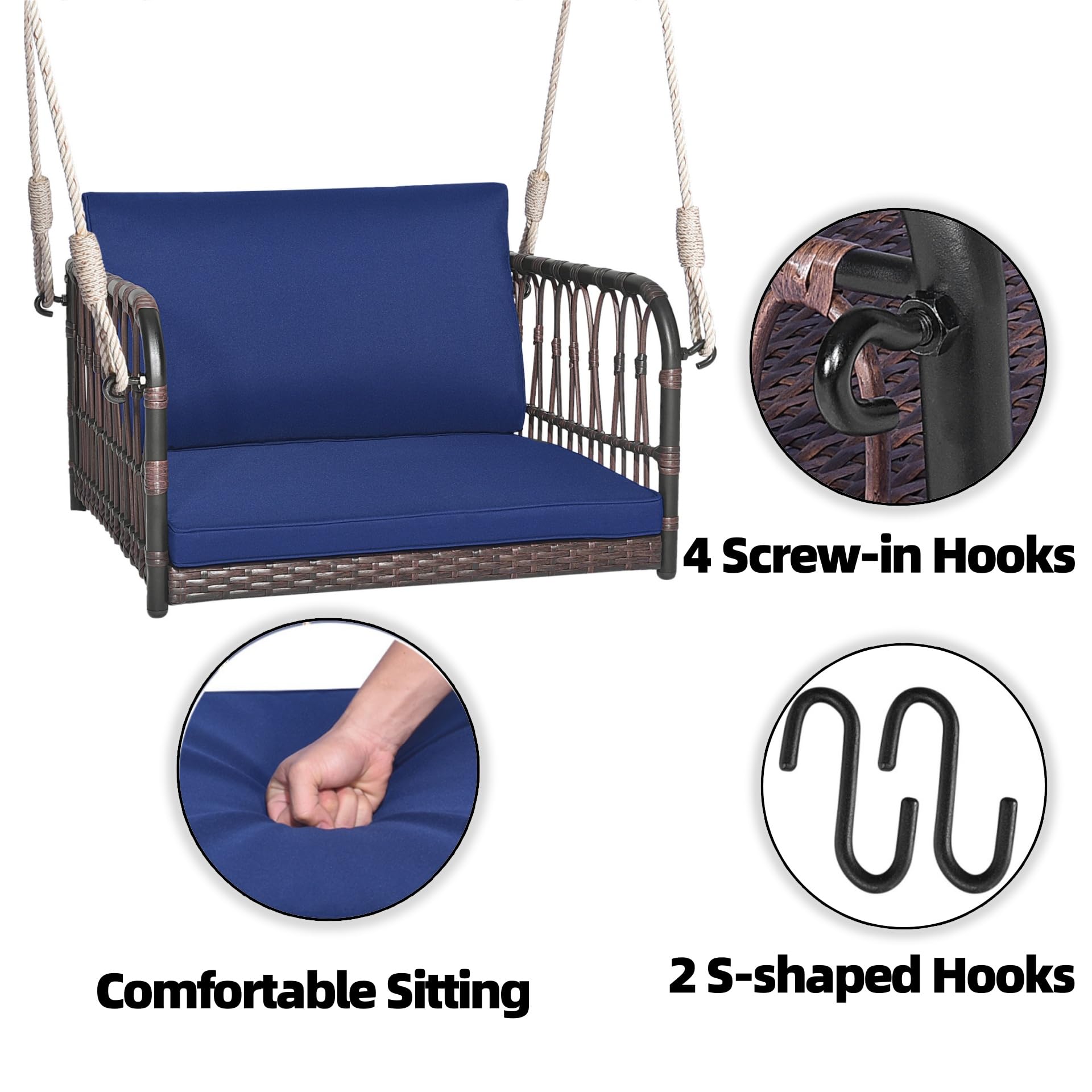 LIFEZEAL 1-osobowa huśtawka ogrodowa z poduszką i podłokietnikami, huśtawka wisząca, metalowa rama i rattan PE, 2 liny do zawieszenia, obciążenie 180 kg (78 x 62 x 38 cm)