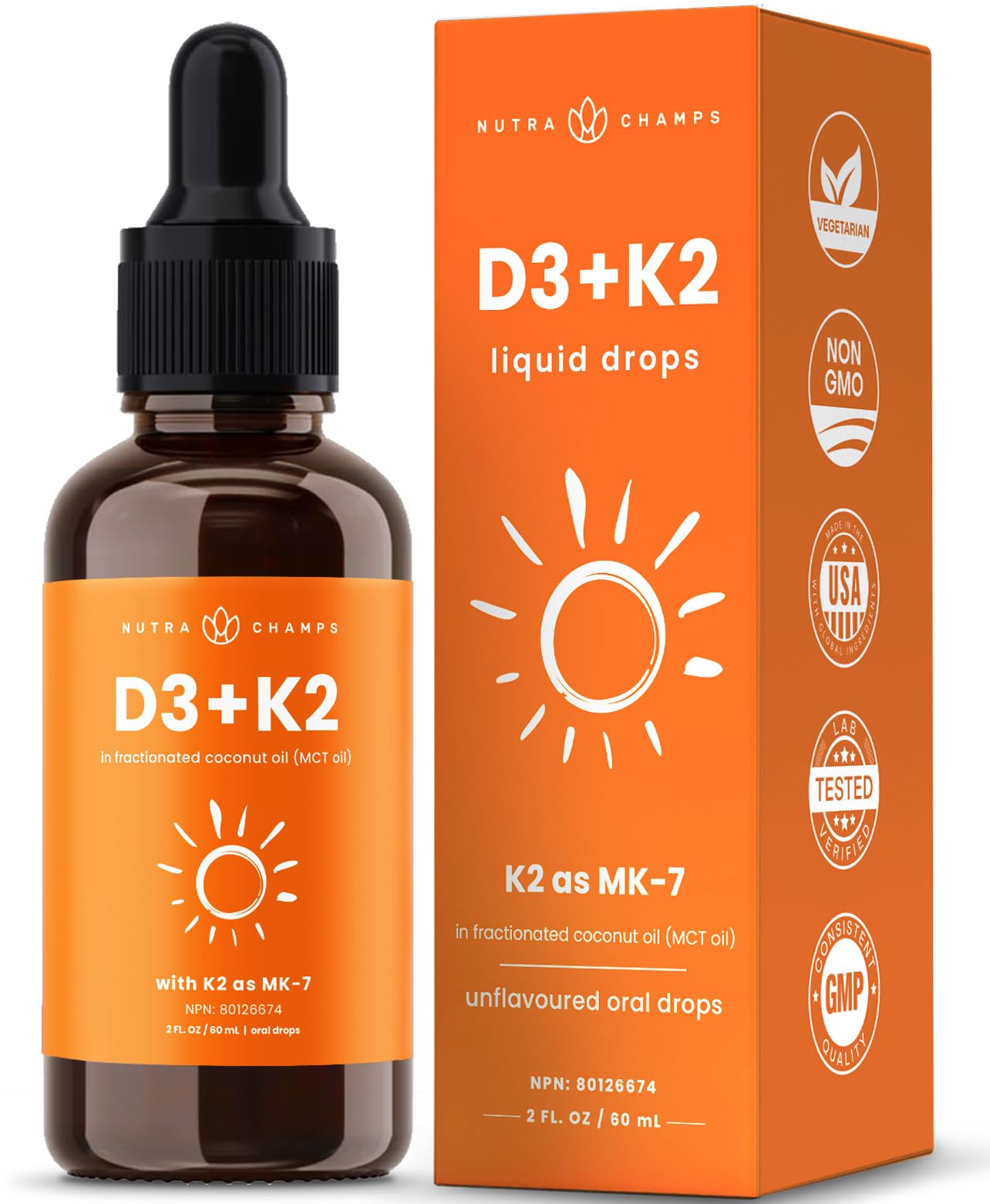 Vitamin D3 K2 Drops for Kids & Adults | 1000 IU D3 Per 0.2ml | 60ml | Liquid Vitamin D3 K2 with MK7 | Bone, Heart, Immune Health | Liquid Vitamin K2 D3 in MCT Oil for Better Absorption | Unflavoured