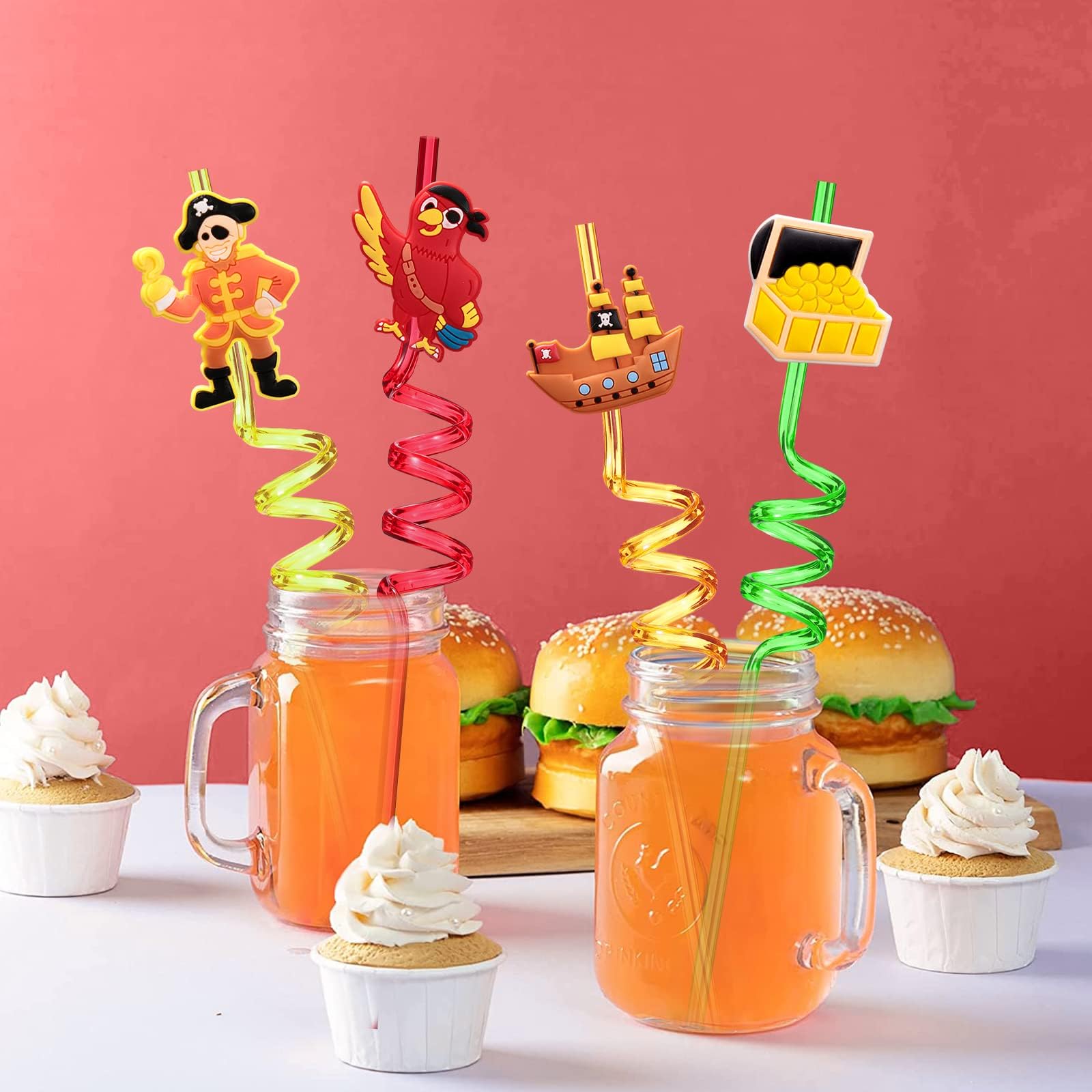 Lidmada 24 Pirate Party Favors Reusable Plastic Straws for Pirate Themed Birthday Party Supplies Decorations with 2 Cleaning Brushes