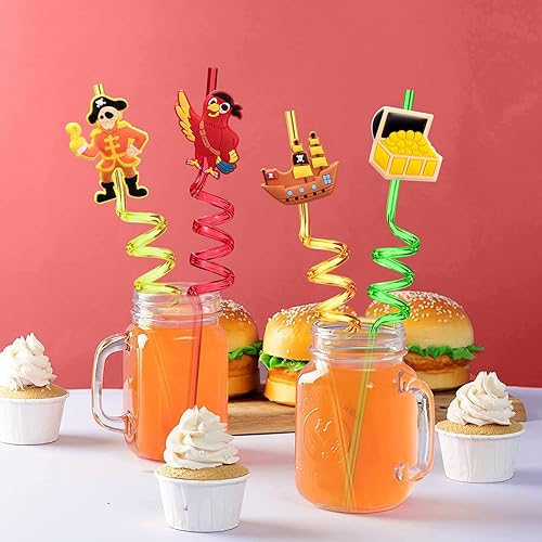 Miniatura 3 de 24 pajitas de plástico reutilizables para fiestas de cumpleaños con temática pirata, decoraciones con 2 cepillos de limpieza