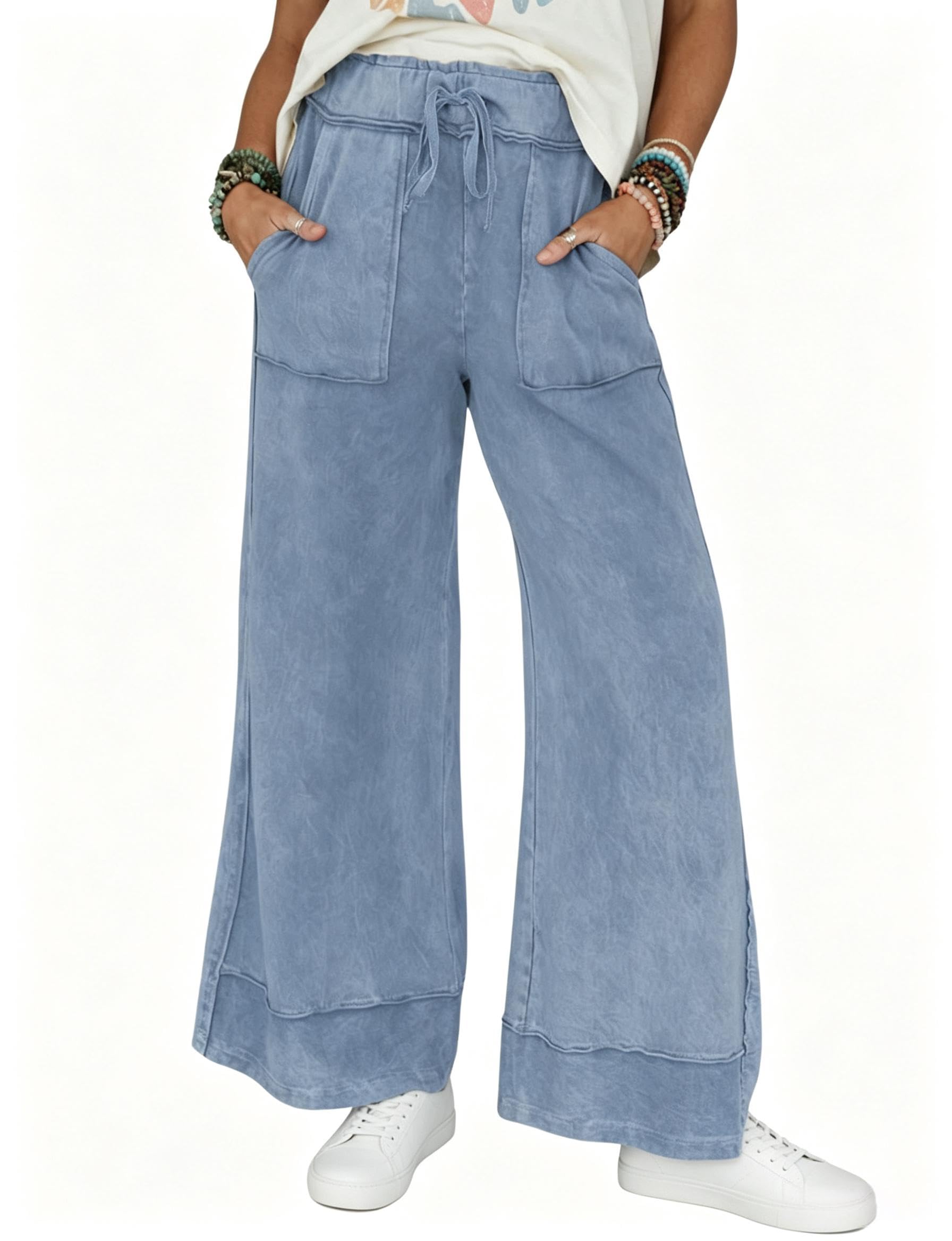 Athlison Womens Casual Wide Leg Sweatpants Acid Wash Elastic Waisted Palazzo Pants Trousers with Pockets