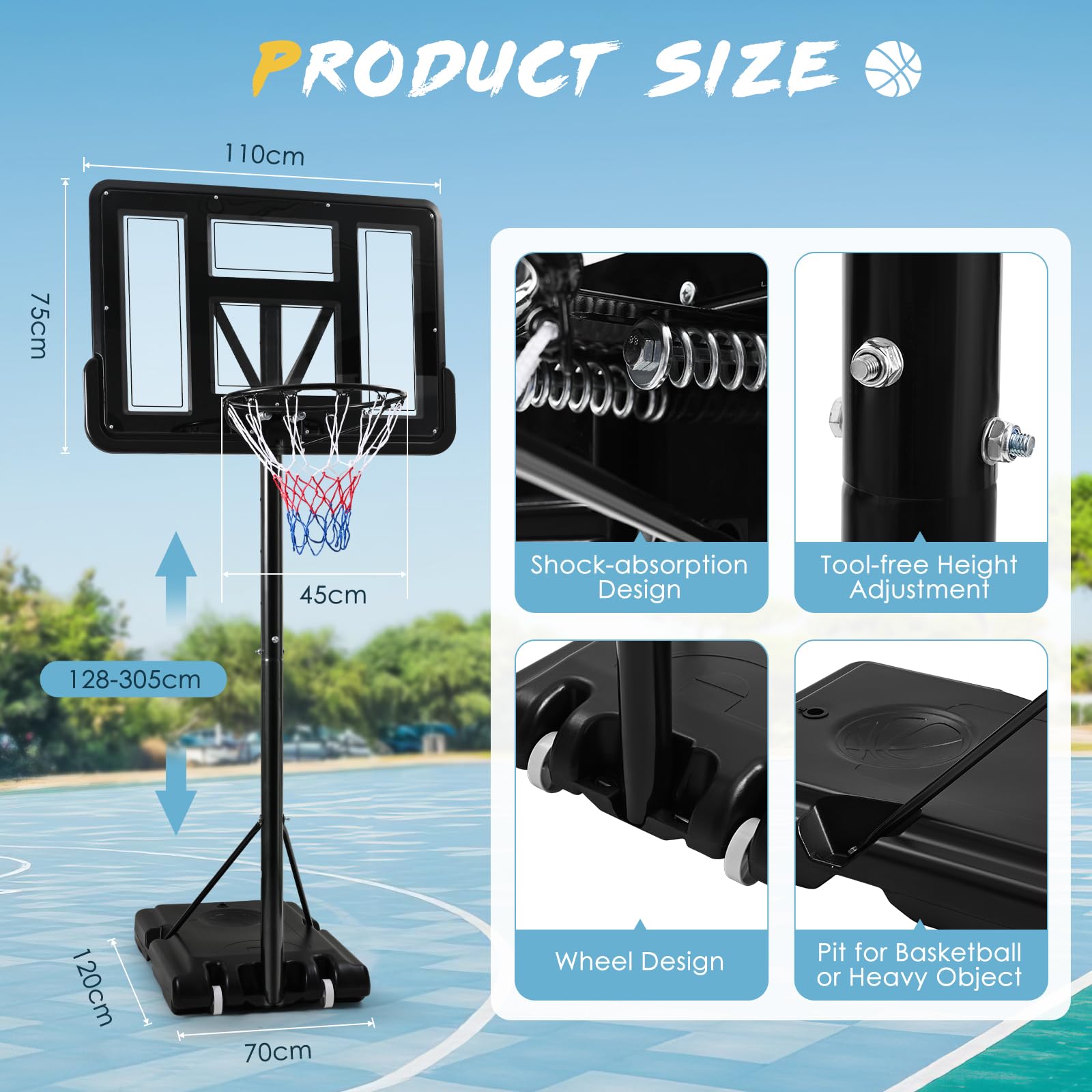 Basketballkorb für draußen, höhenverstellbar von 128 bis 305 cm, Basketballständer mit Rädern, geeignet für Jugendliche und Erwachsene