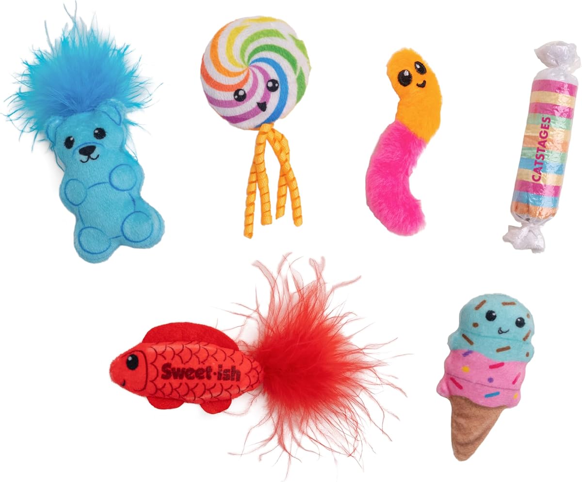 Kitty Sweet Treats, 6-Pack Catnip Plush Toys with Crinkle & Feathers, Multicolored