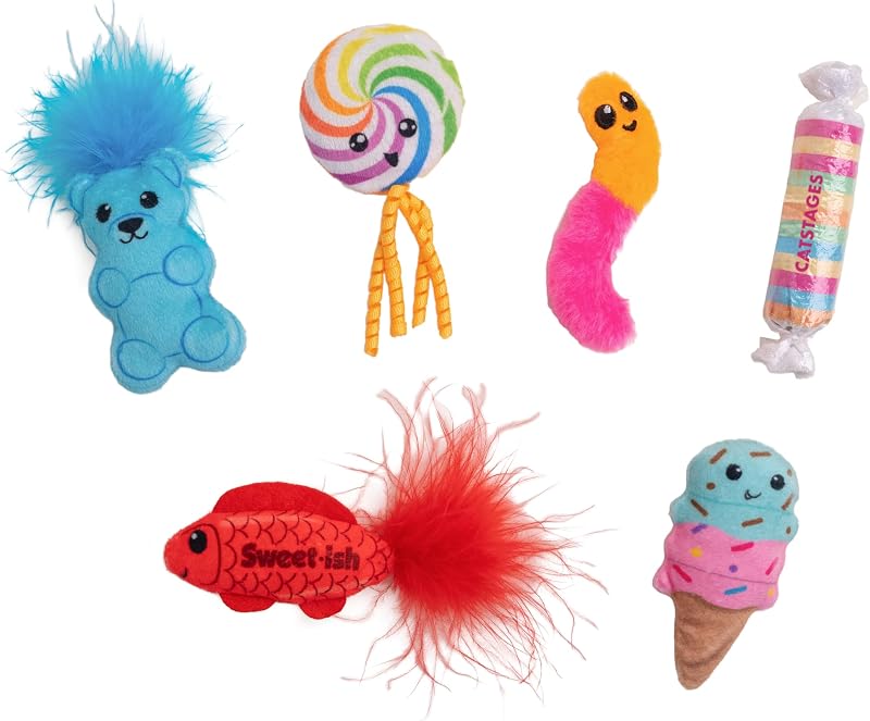 Kitty Sweet Treats, 6-Pack Catnip Plush Toys with Crinkle & Feathers, Multicolored