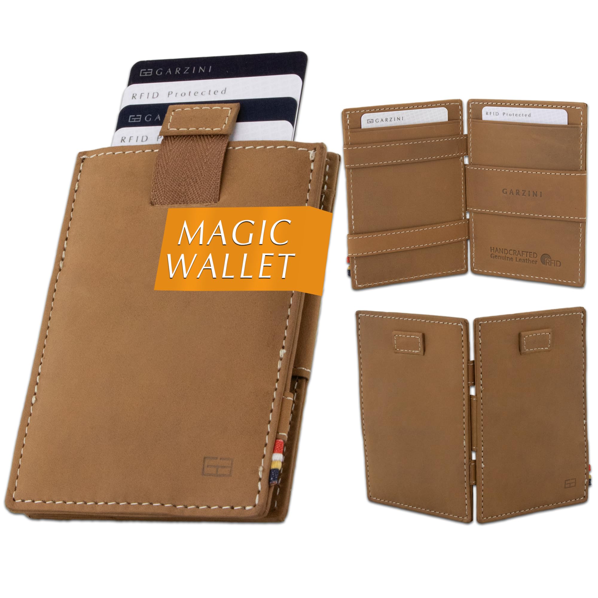 GARZINI Magic Wallet with Pull-Tab, Minimalist Wallet with RFID card holder, Leather Wallet for 12 cards, Camel Brown
