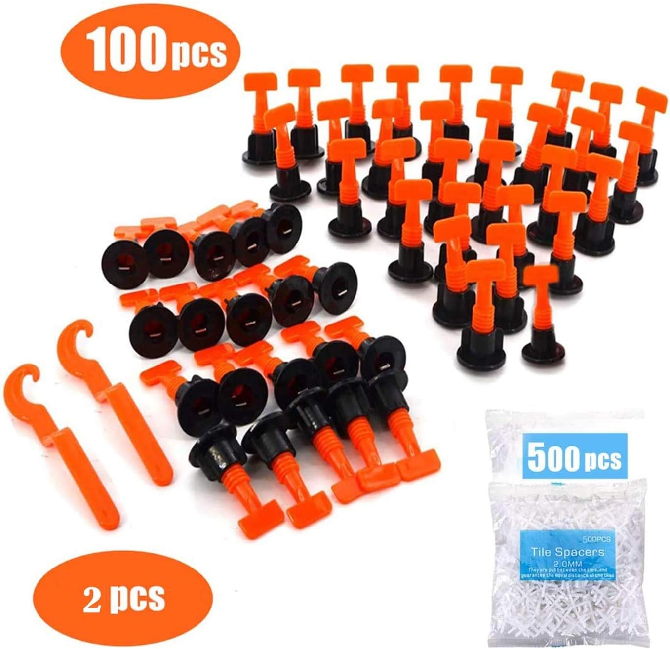 Reusable Tile Leveling System, 100pcs Tile Leveler with 2pcs Special Wrench + 500pcs 2MM Tile Spacers, Tile Leveling Kit Tile Installation Tool for Building Walls Floors - - 