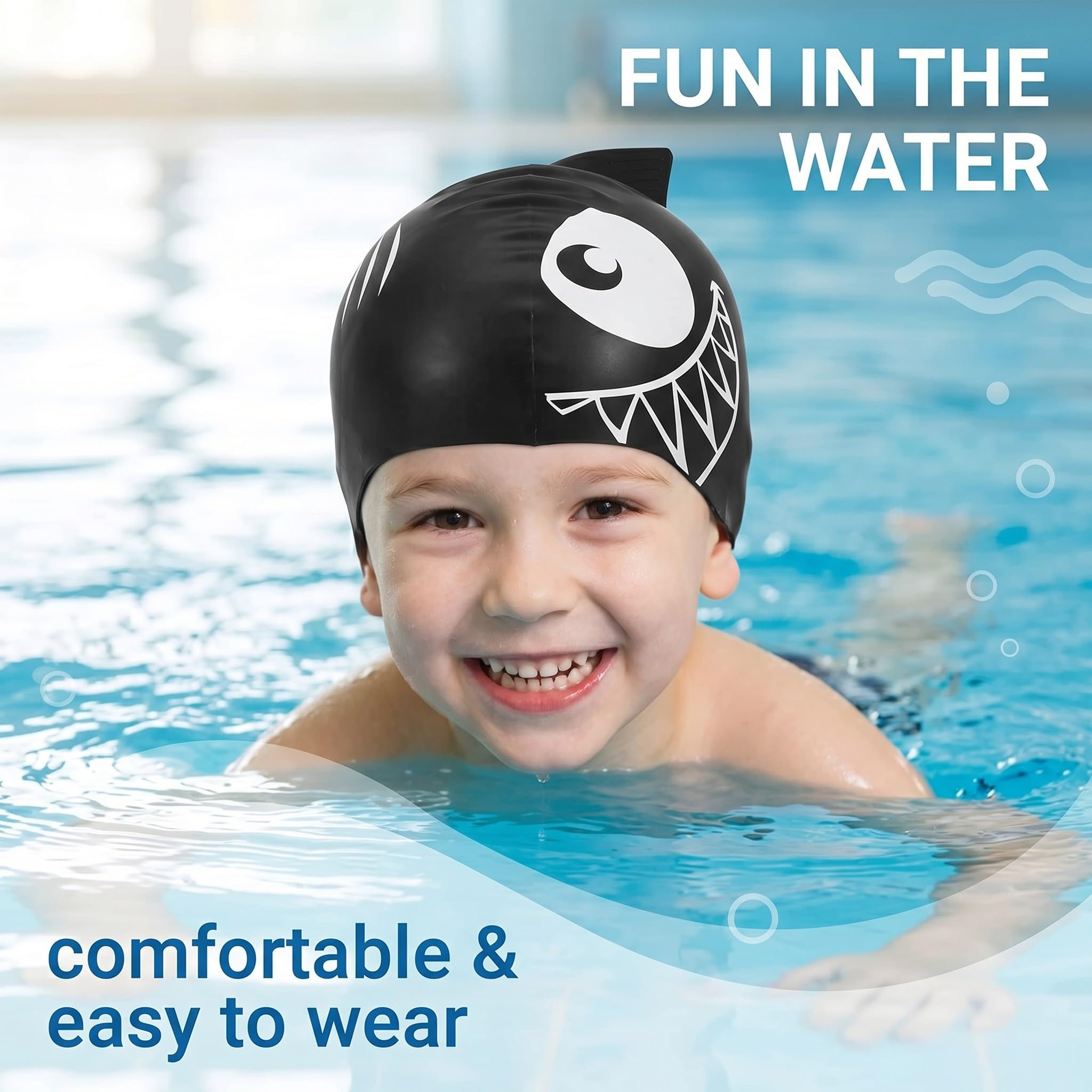 Set 2 cuffie nuoto squalo bambini, cuffia piscina nera e grigia con faccia squalo e pinna, accessori per lezioni nuoto allenamento vacanze al mare e giochi in acqua