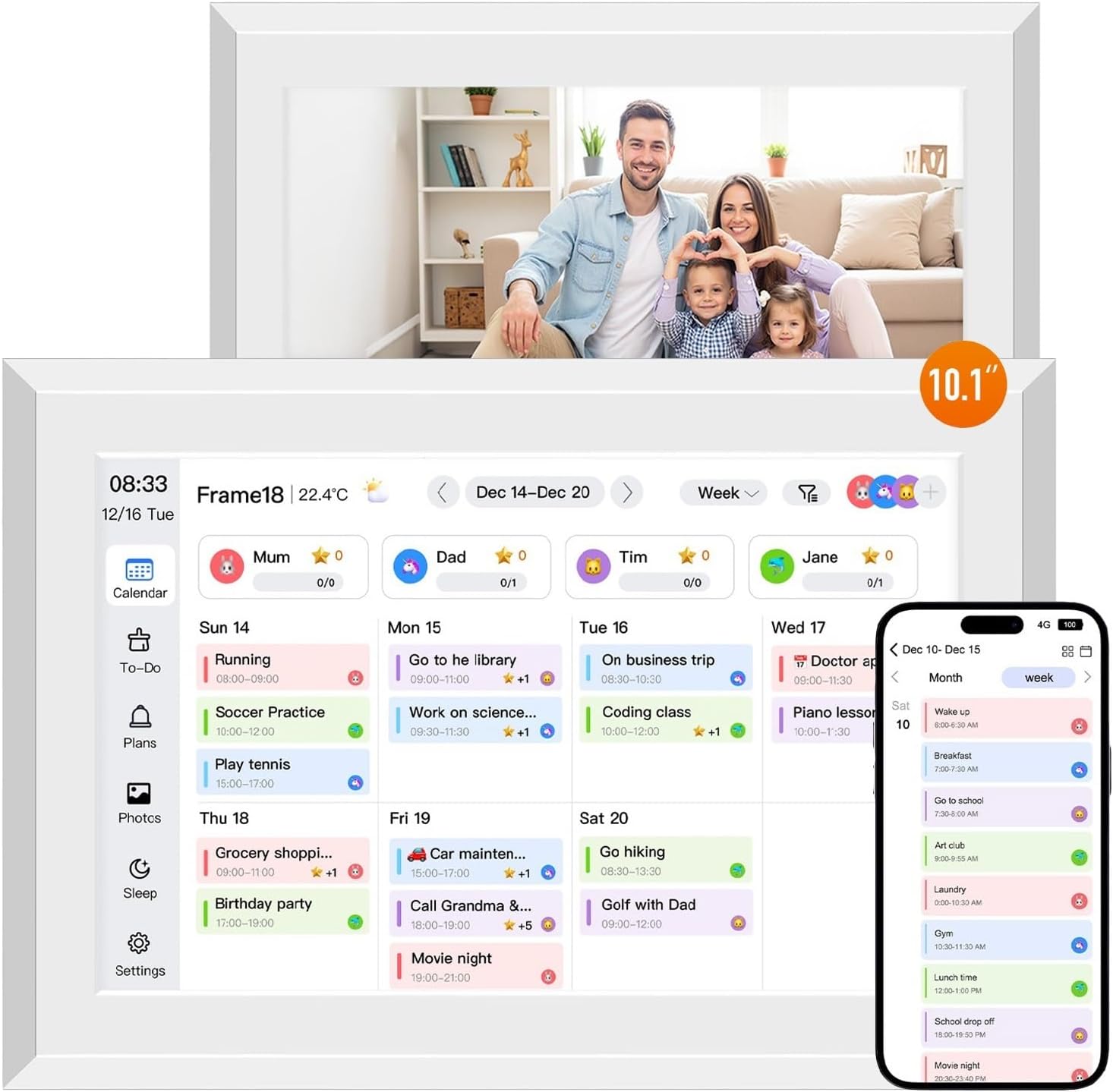 10.1" Digital Calendar and Digital Picture Frame Smart Family Planner Chore Charts with Task Rewards Meal Planning Interactive Display for Family Schedules 32GB 1280x800P IPS Touchscreen Desk Calendar
