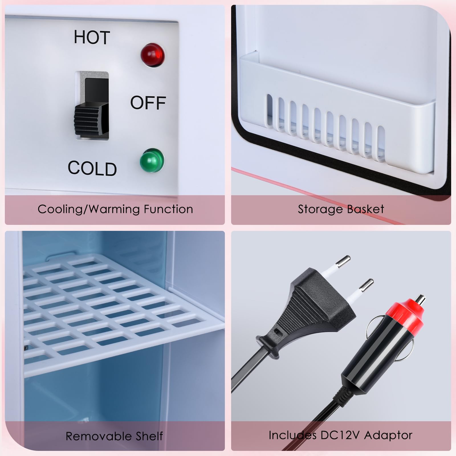 Astarama Nevera Pequeña,6 Litros/8 Latas, 220V AC/12V DC, Enfriador y Calentador Termoeléctrico, Mini Nevera Compatible Coche y Caravanas.Mini Frigorifico Para Bebidas, Cosméticos. (Rosa) - 3