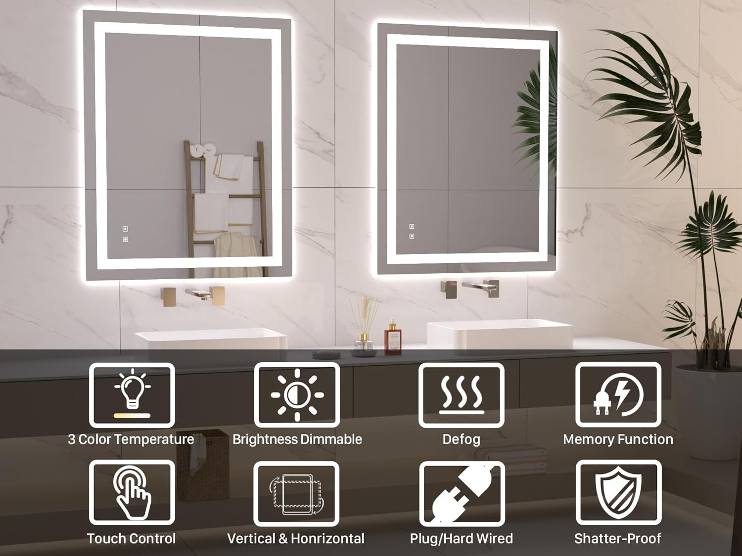 Vanity Mirror with Lights 32" L x 24" W,Various Size Optional,LED Bathroom Mirror with Backlit & Front-Lighted,Stepless Dimmable Wall Mirrors with Anti-Fog, Memory, Shatter-Proof, 3 Color Temperature