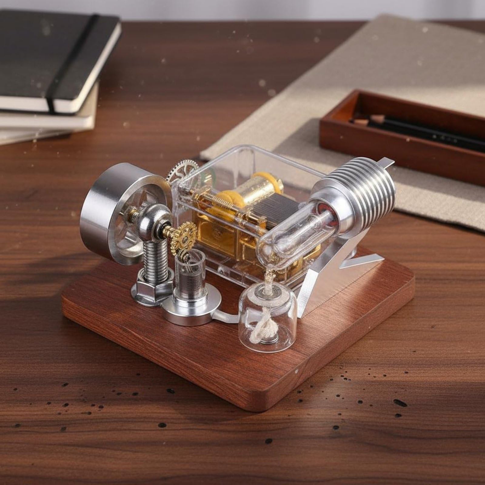 Dispositivo di Apprendimento di Fisica Motore Modello Motore Termico Motore Meccanico Carillon Modello da Tavolo in Lega con Base in Legno Mostra