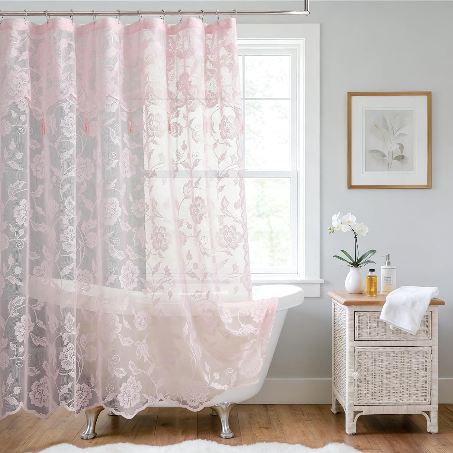 Black Lace Shower Curtain with Attached Valance, Rustic Vintage Floral Sheer Shower Curtain with Scalloped Edge, Gothic Witchy Victorian Style Decorative Bathroom Curtain, 72"x72"