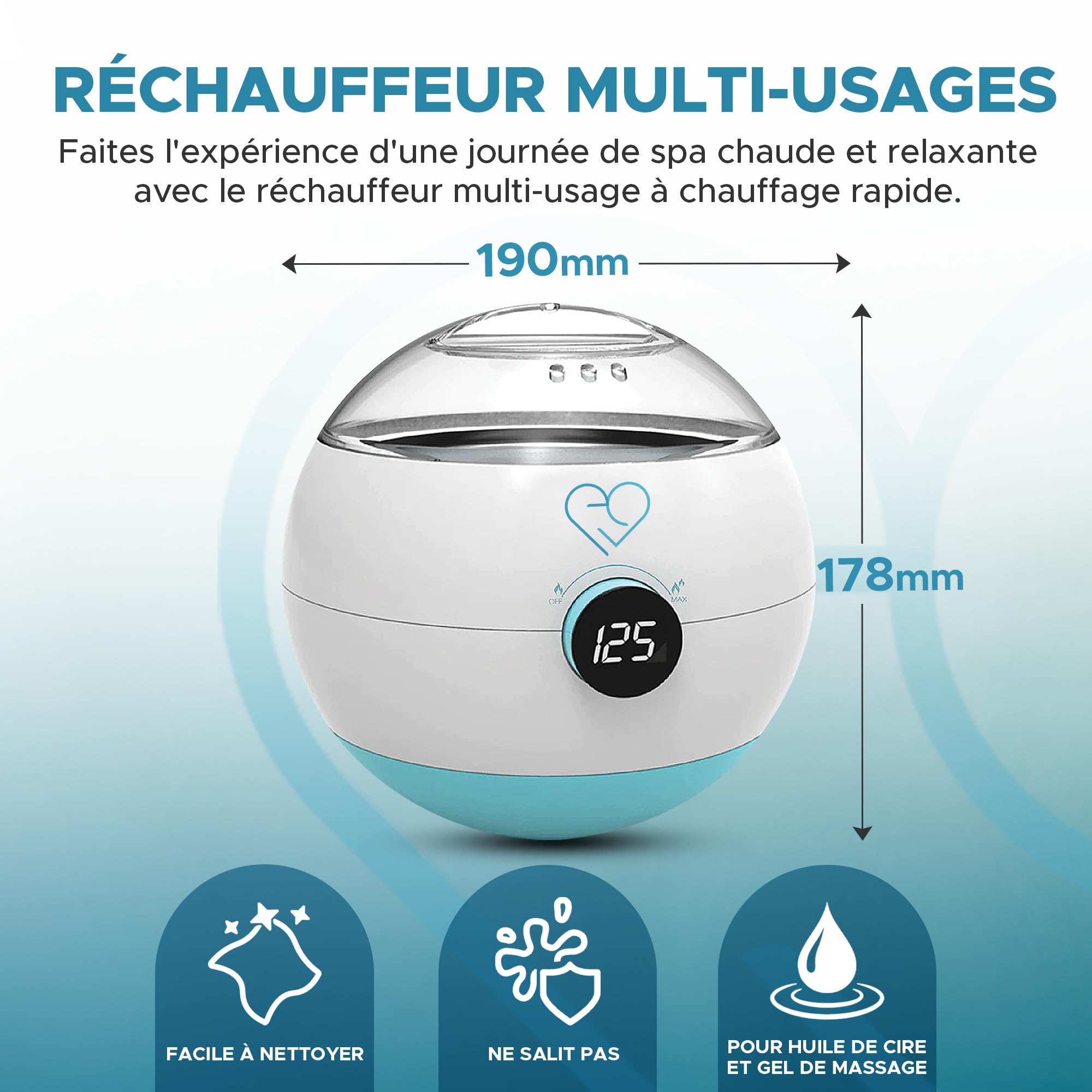 Chauffe-gel et huile de massage électrique, fondoir à cire, pot en aluminium 500ml, réglage température 35-125°C, écran LCD