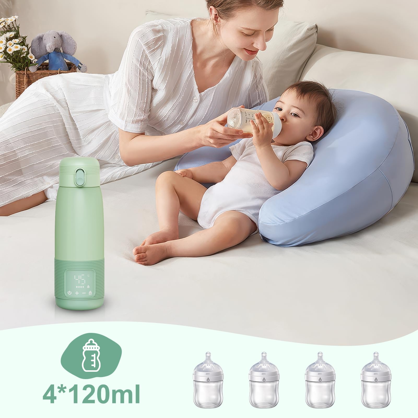 Scaldabiberon Portatile Senza Fili, Scalda Biberon Neonato Portatile, 500ml Riscaldamento Veloce Latte Materno & Formula, Con Lcd Controllo Temperatura Preciso 6400mah USB-C Ricarica Veloce