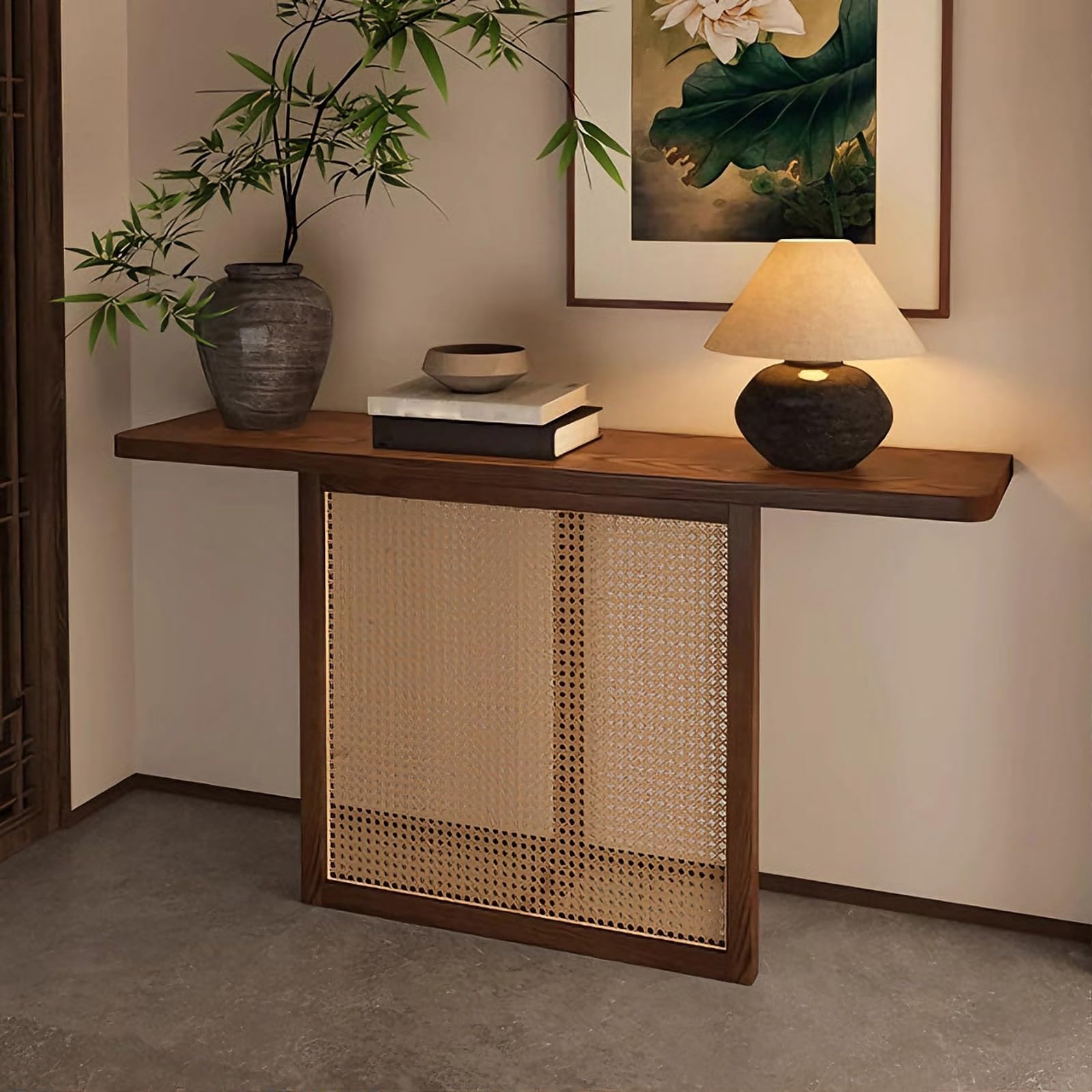 Mesa de entrada de madera maciza de alta calidad y patas de mimbre elegantes