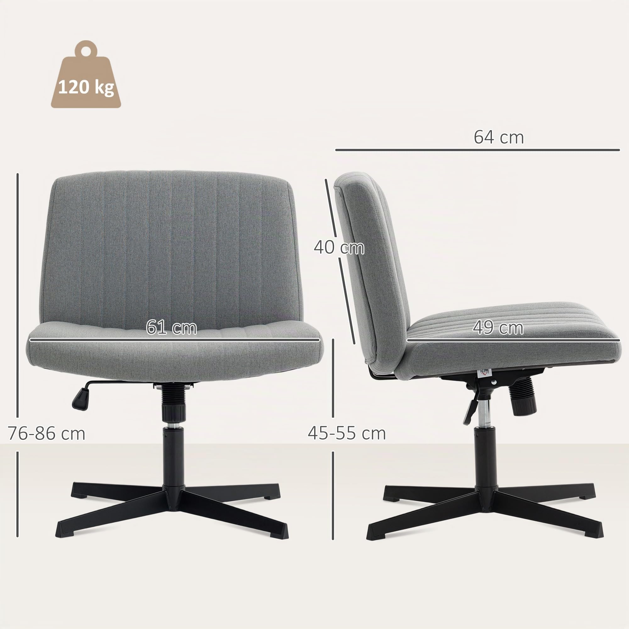 HOMCOM Silla de Oficina sin Brazos Giratoria sin Ruedas Basculante Gris | Silla de Escritorio Giratoria, Asiento Amplio y Cómodo, Piernas Cruzadas, Altura Regulable, para Sala de Estar y Dormitorio