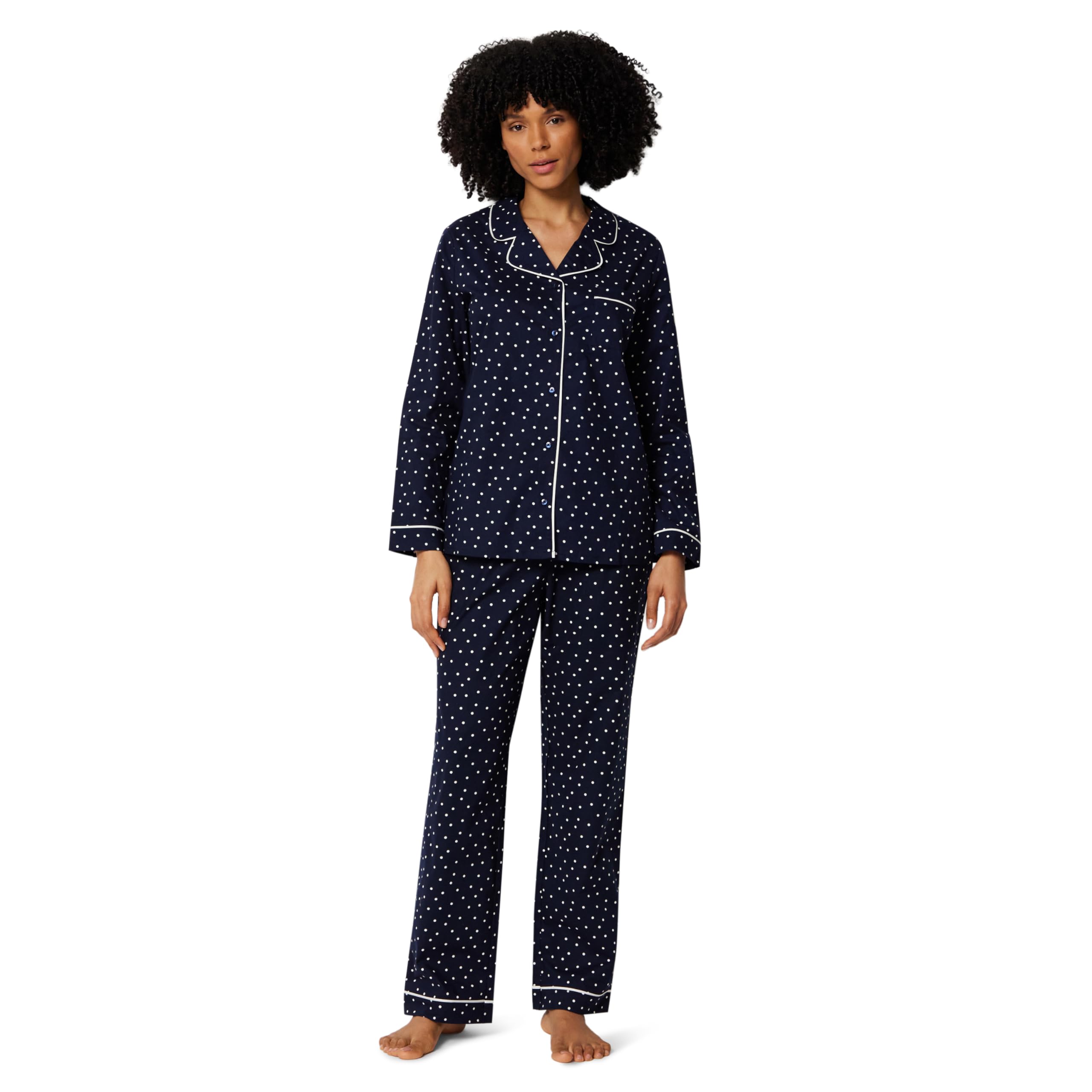 Photo 1 of ***MISSING PANTS*** Amazon Essentials Women's Cotton Stretch Poplin Pajama Set, Long Sleeve Button-Down Shirt with Pants, Navy Ivory Dot, XX-Large