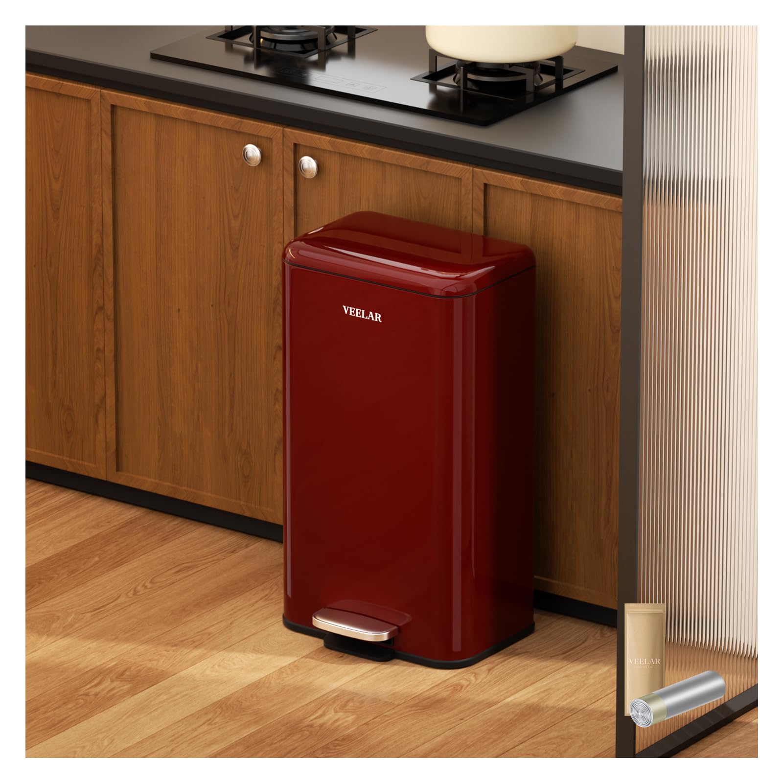 VEELAR Kitchen Bathroom 8 Gallon Trash Can - Stainless Steel Garbage Cans with Foot Pedal, Recycling Bin with Lid for Office Bathroom Decor (Red,