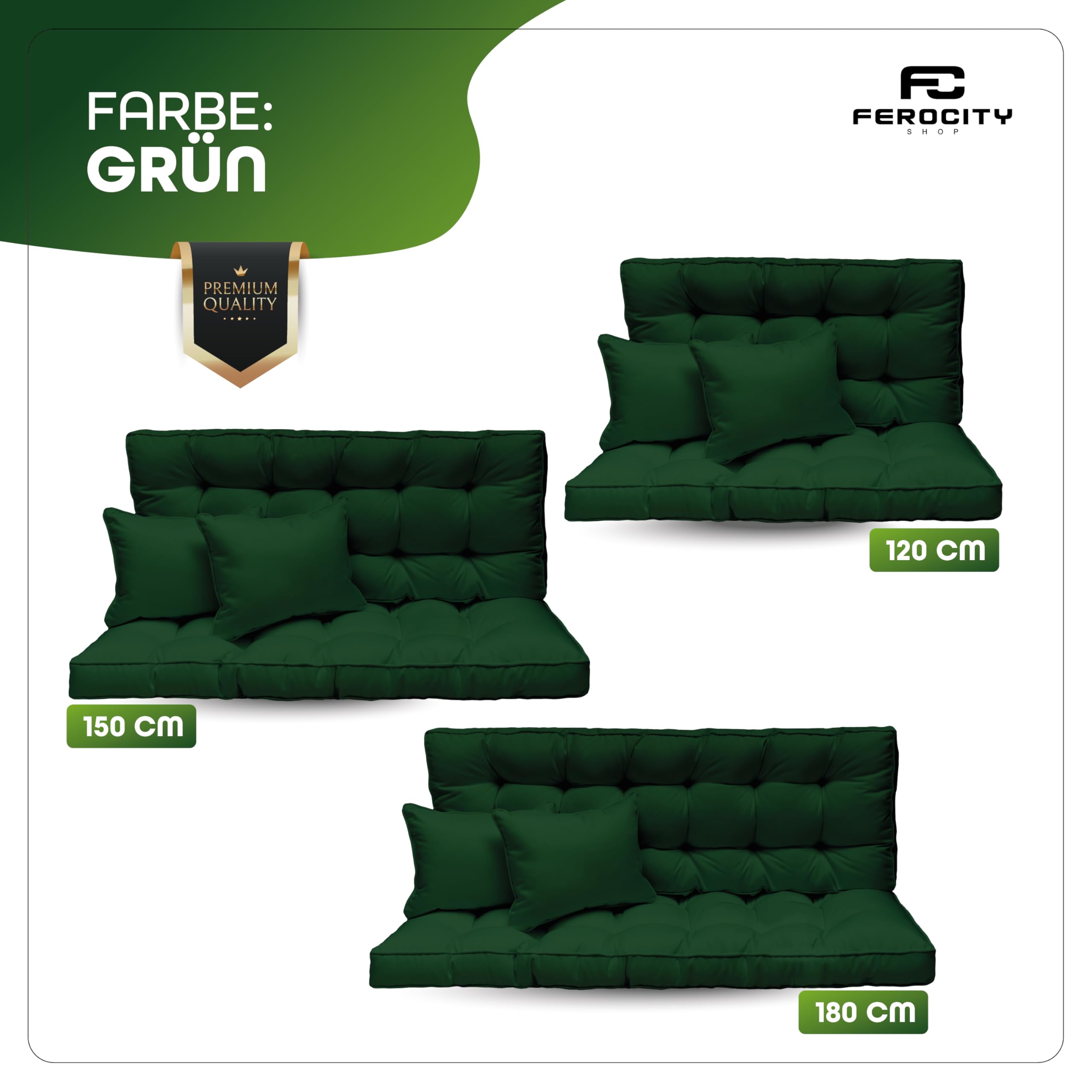 Ferocity Coussin de balancelle de Jardin 150x50x10 cm Ensemble - 3 Places: Matelas d’Assise et de Dossier – Coussins de mobilier Extérieure pour bancs de Jardin, Palette Europe – Couleur: Vert [133]